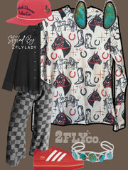 Front view of Head Over Heels Ribbed Top, fitted long sleeve blouse with hand-drawn horse, boot, and horseshoe print in beige, black, red, and mustard.