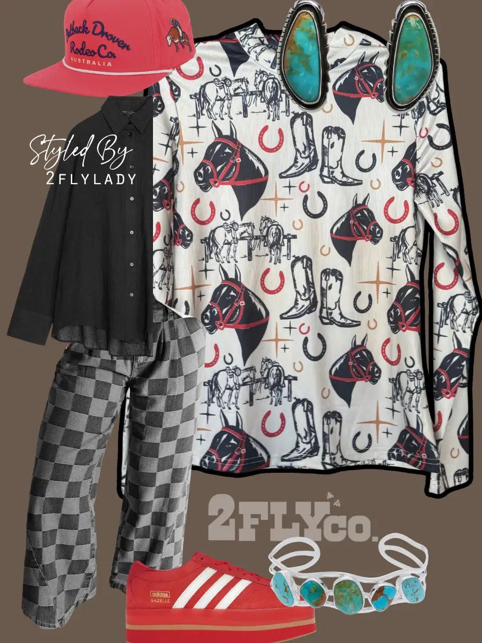 Front view of Head Over Heels Ribbed Top, fitted long sleeve blouse with hand-drawn horse, boot, and horseshoe print in beige, black, red, and mustard.