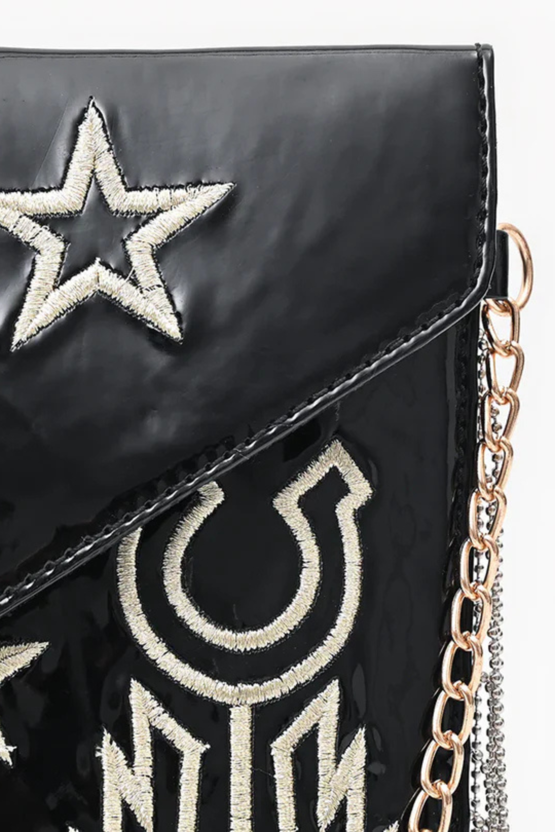Black handbag with gold embroidery and chain strap