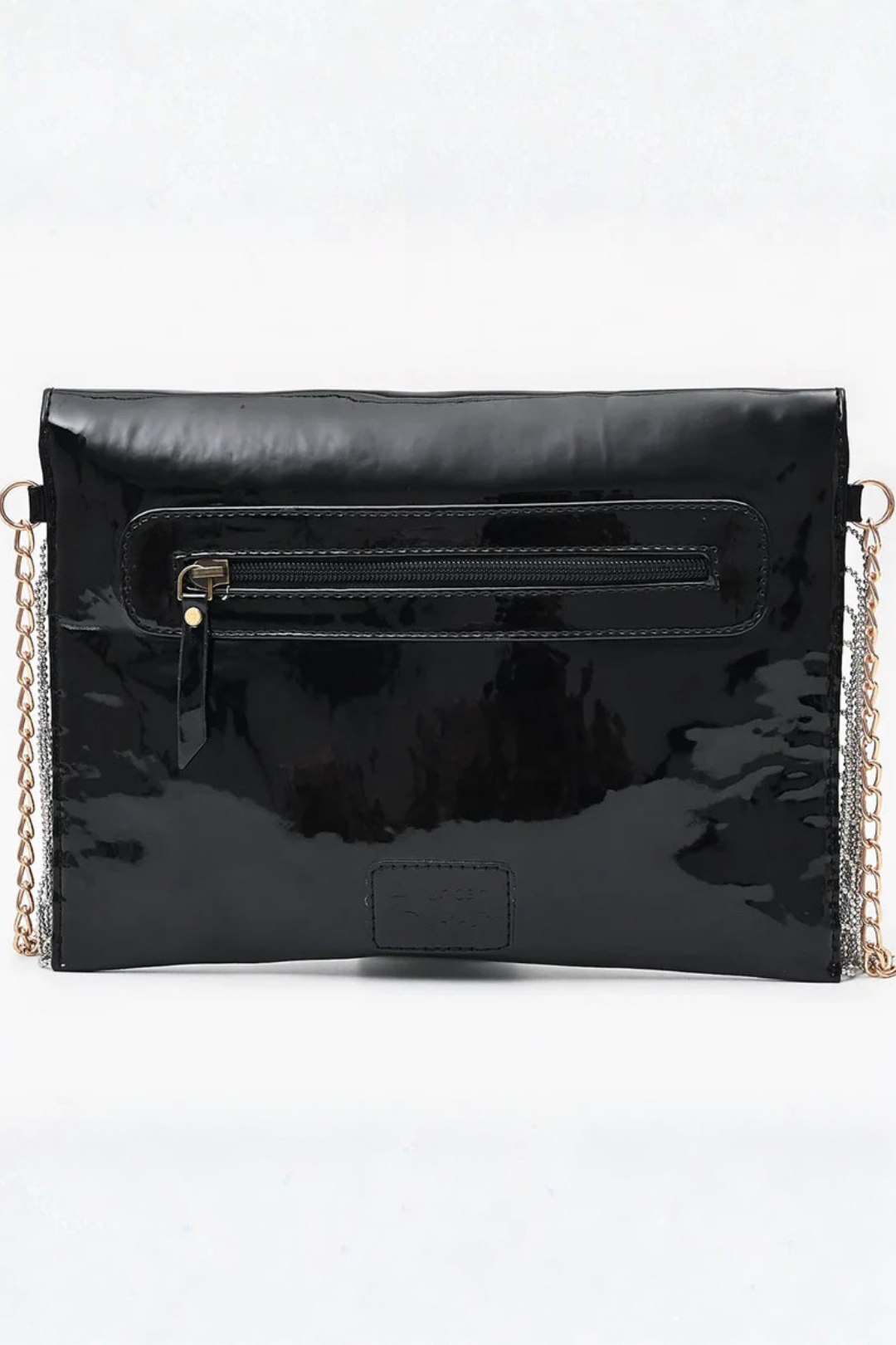 Black patent leather clutch bag with gold chain on a white background
