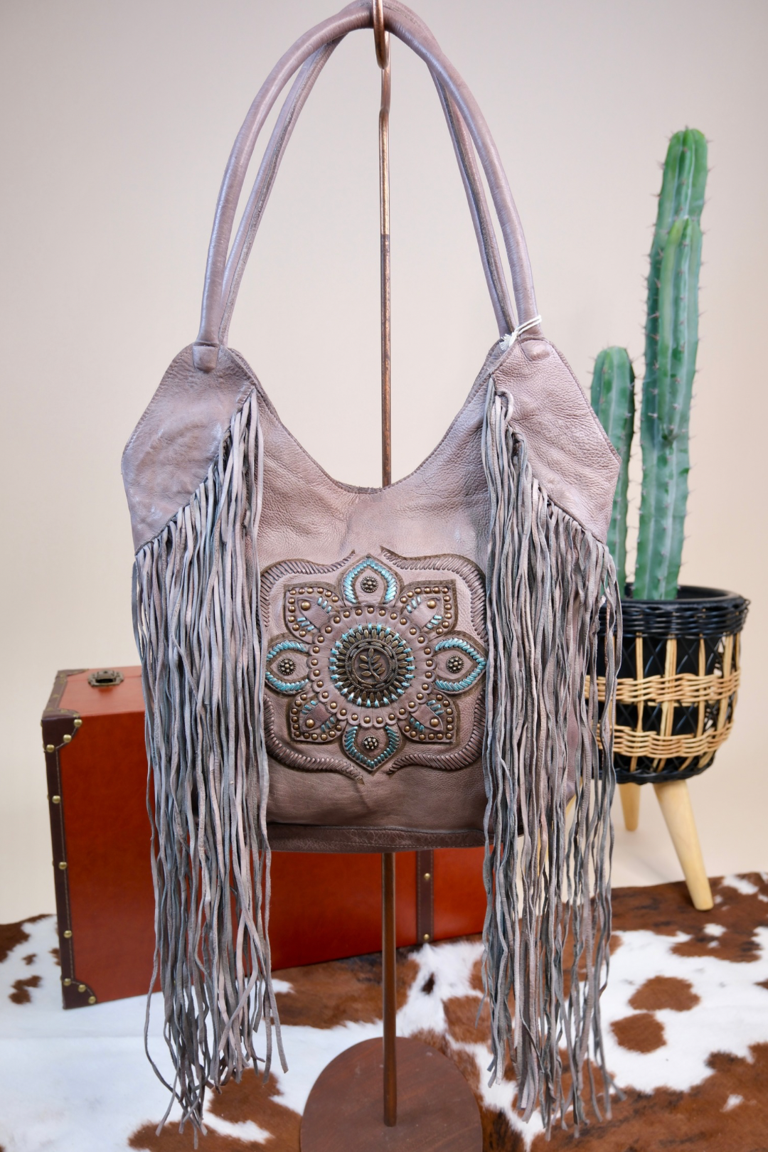 Turquoise Bloom Leather Tote