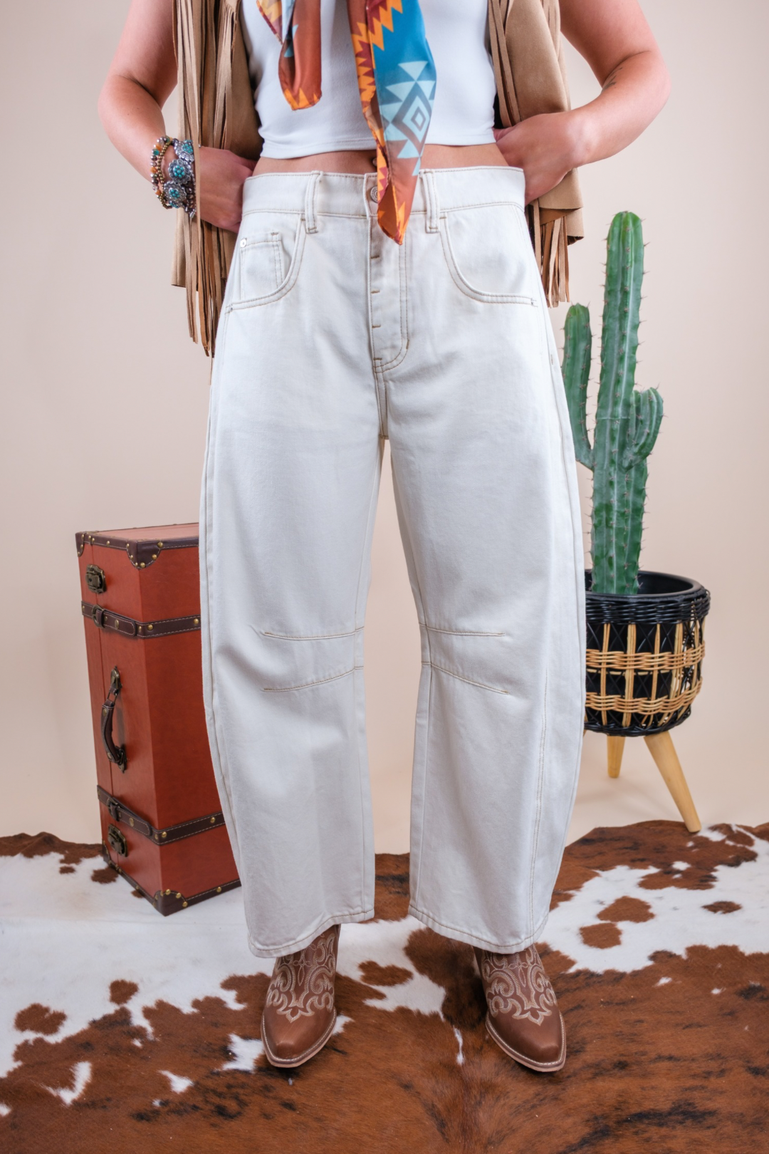 White Out Western Barrel Jeans