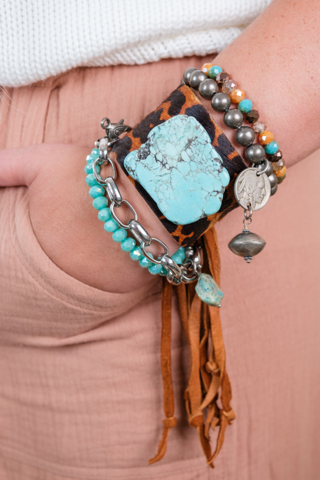 Cheetah Leather & Turquoise Charm Bracelet Set