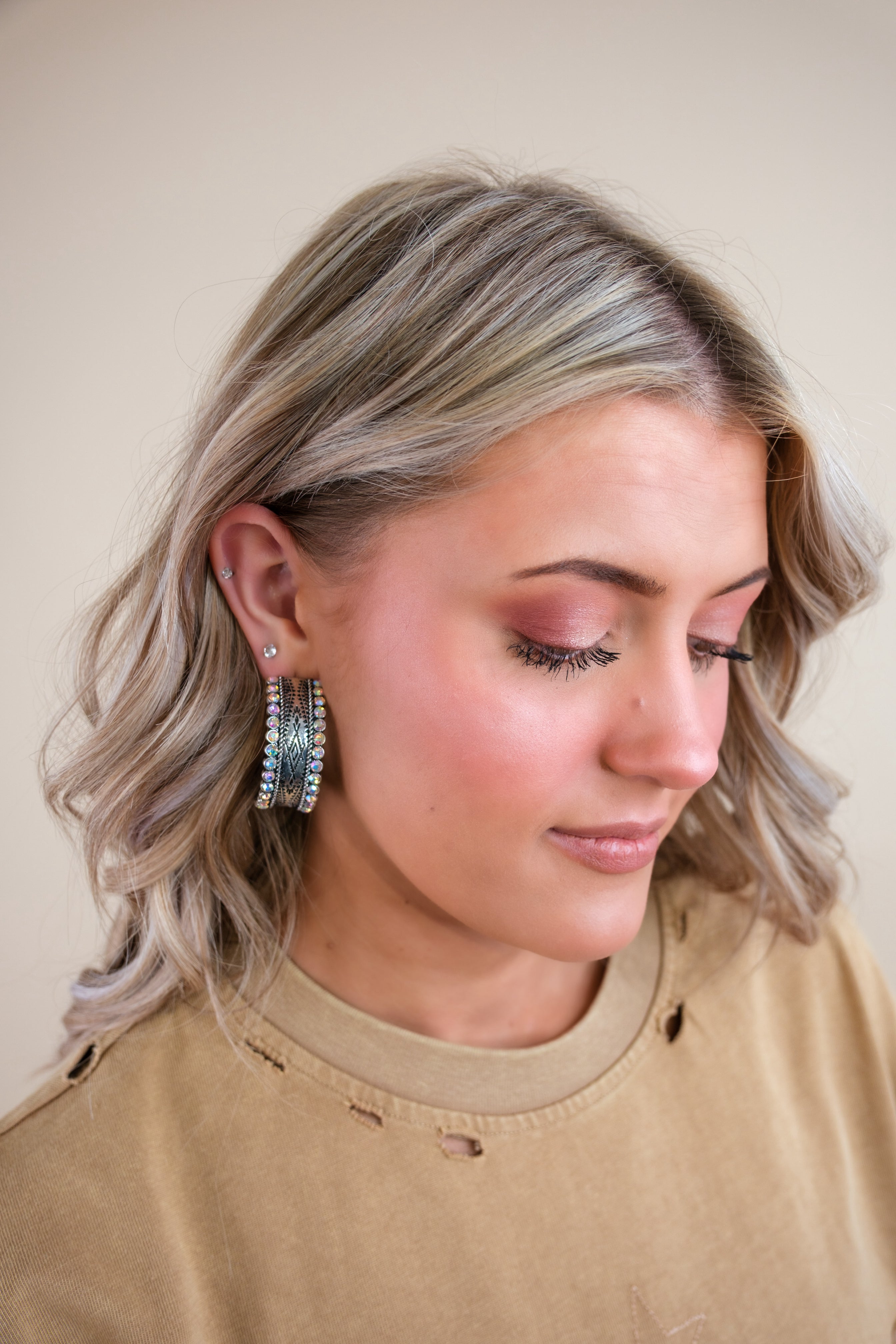 Diamond Accented Aztec Print Half Hoops