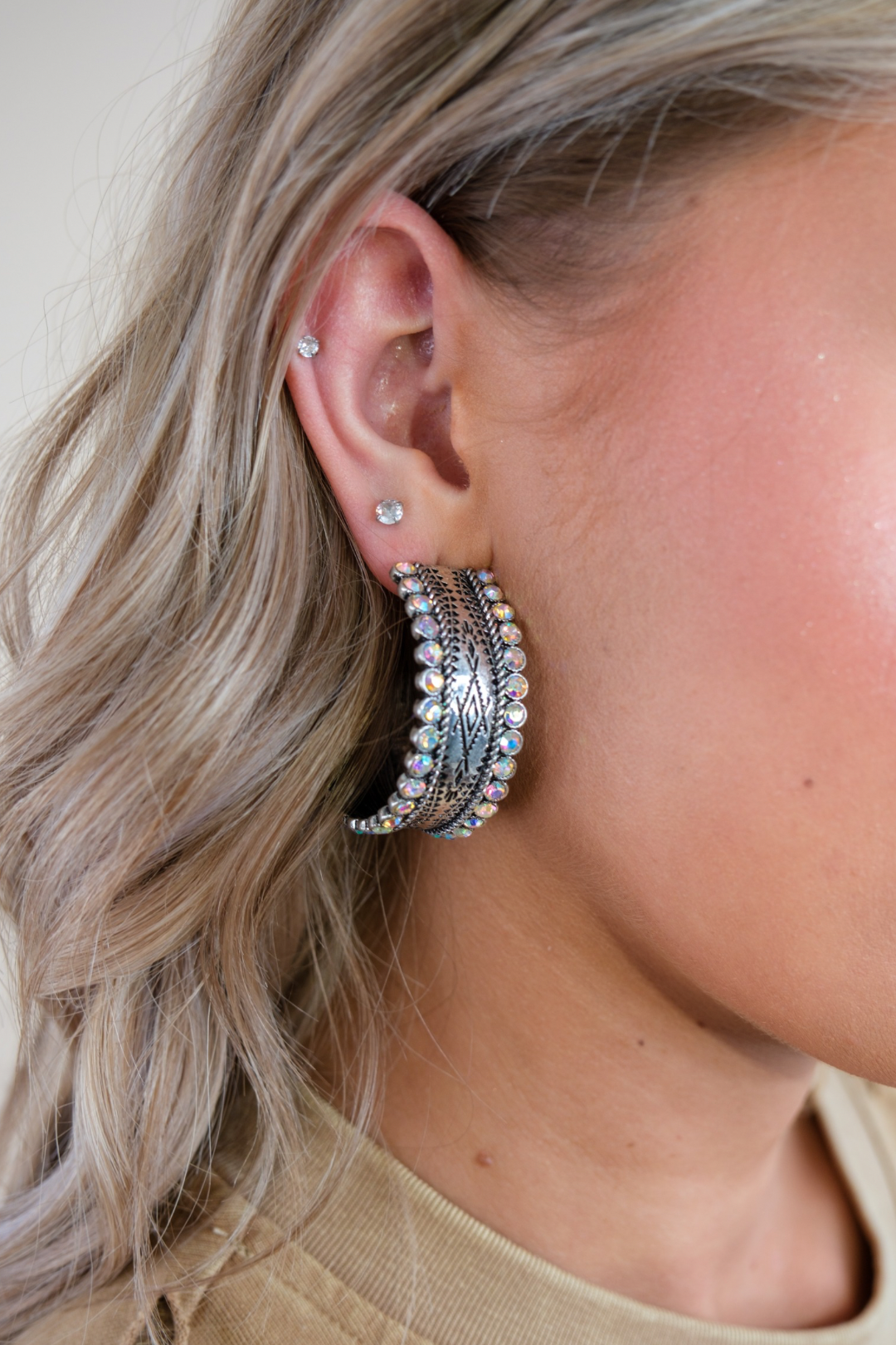 Diamond Accented Aztec Print Half Hoops