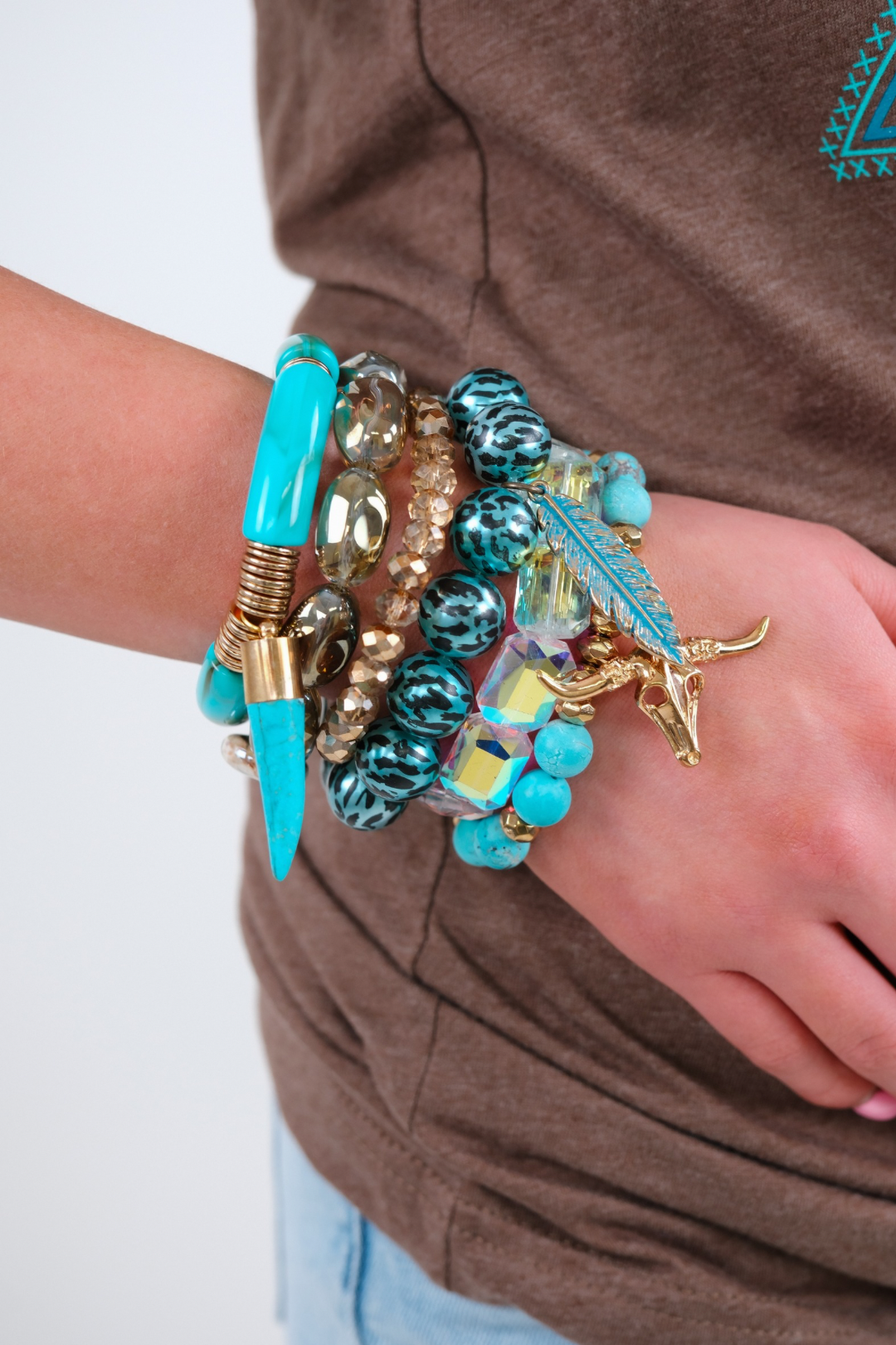 Chunky Turquoise & Cheetah Print Stacked Bracelet