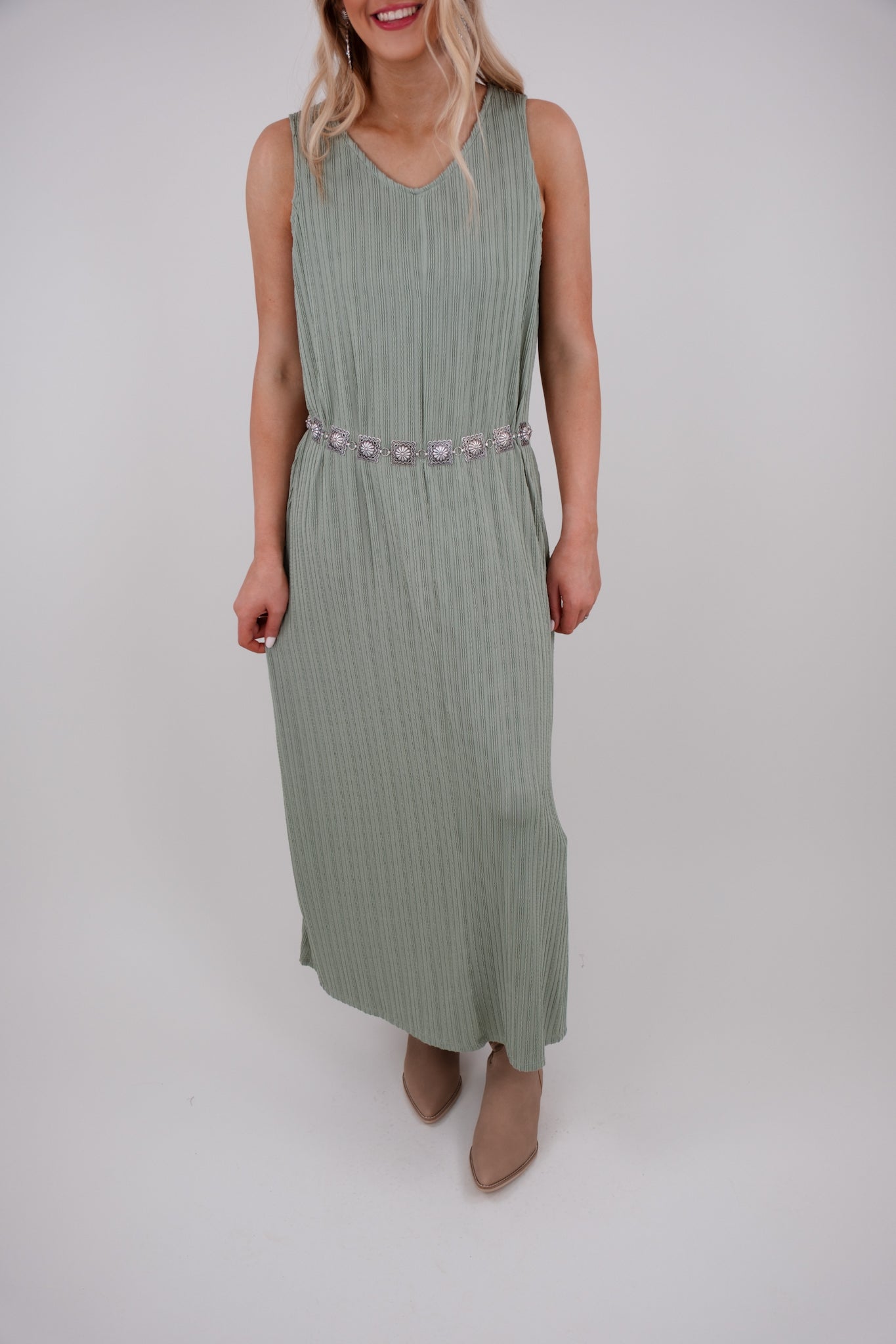 Ribbed Stitched Dress - Sage