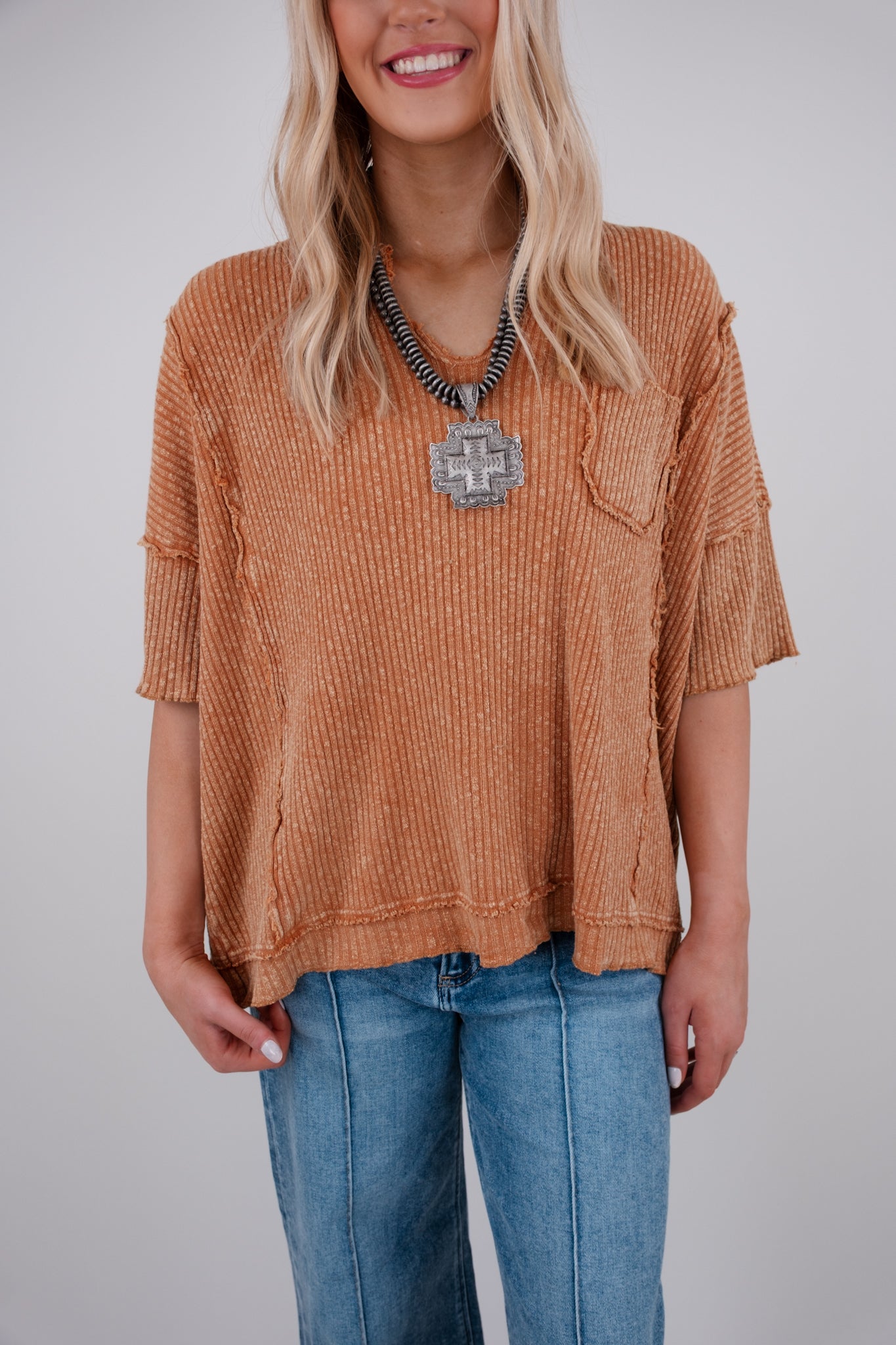 Ripped Stitch V-Neck Top - Orange