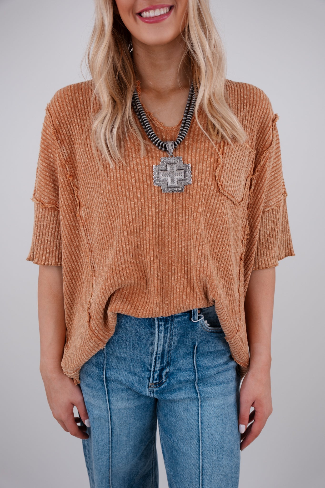 Ripped Stitch V-Neck Top - Orange