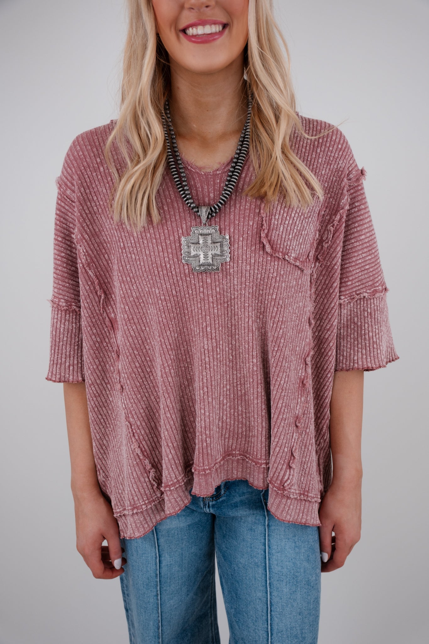 Ripped Stitch V-Neck Top - Rose