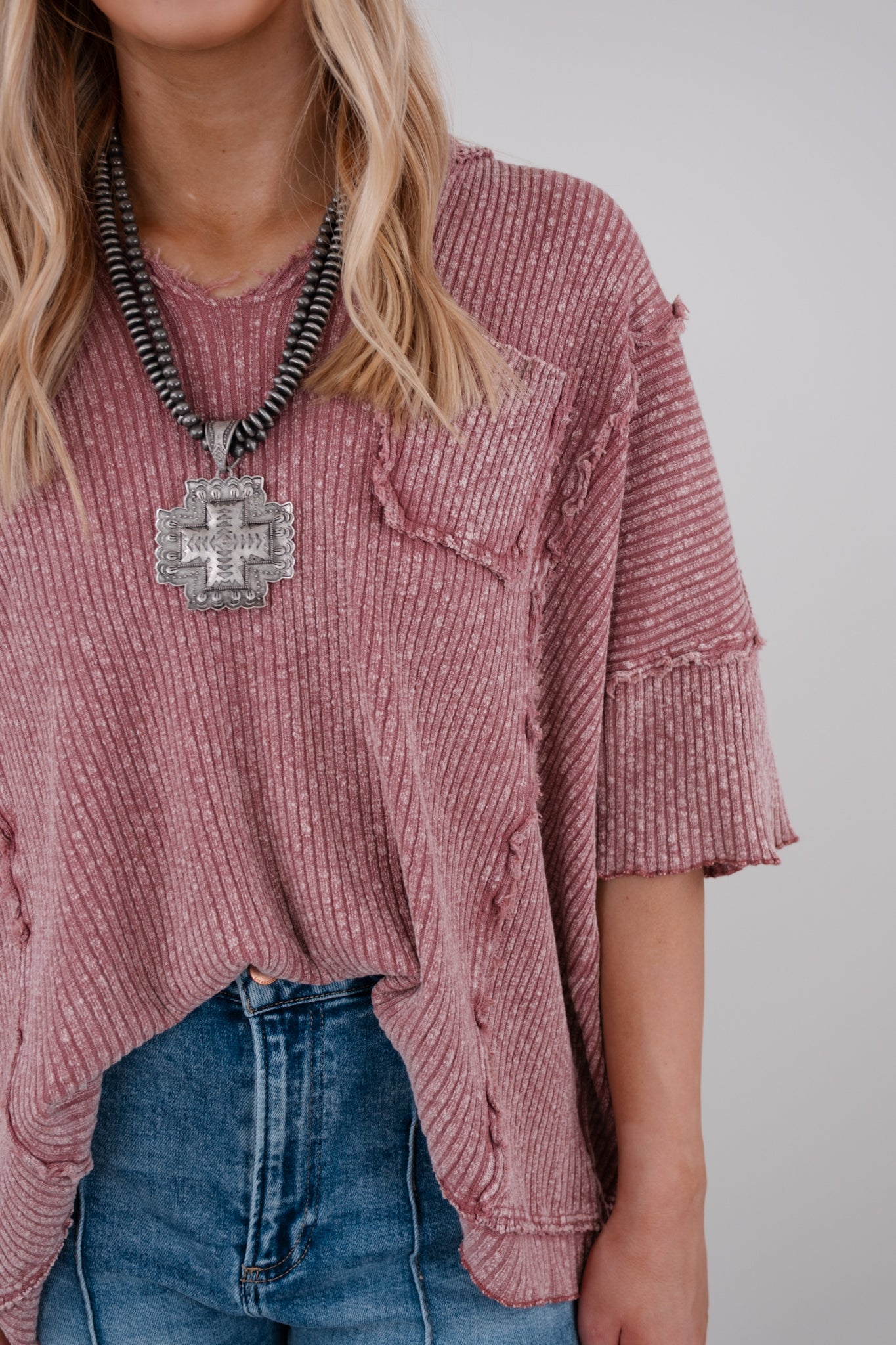 Ripped Stitch V-Neck Top - Rose