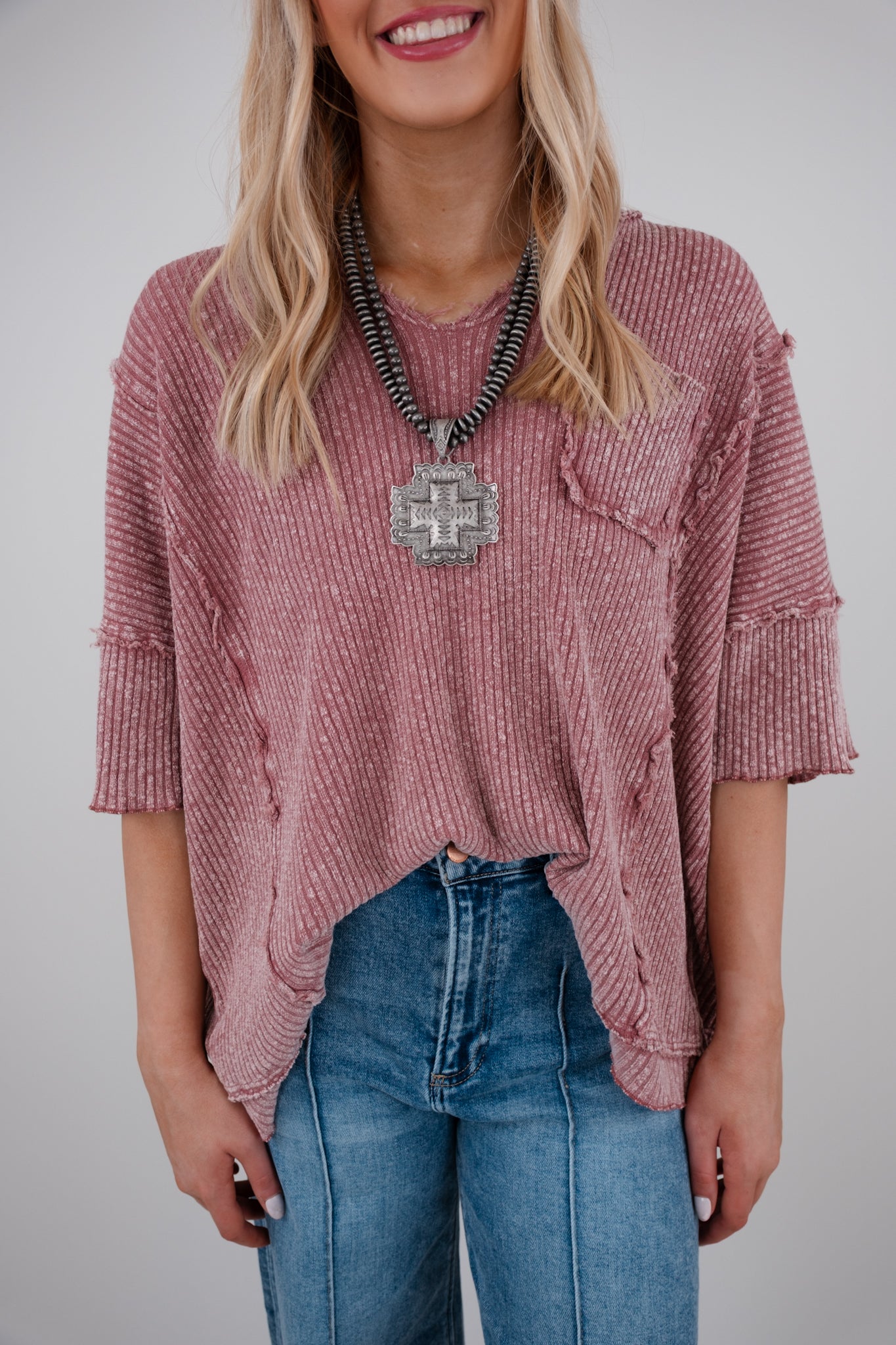 Ripped Stitch V-Neck Top - Rose
