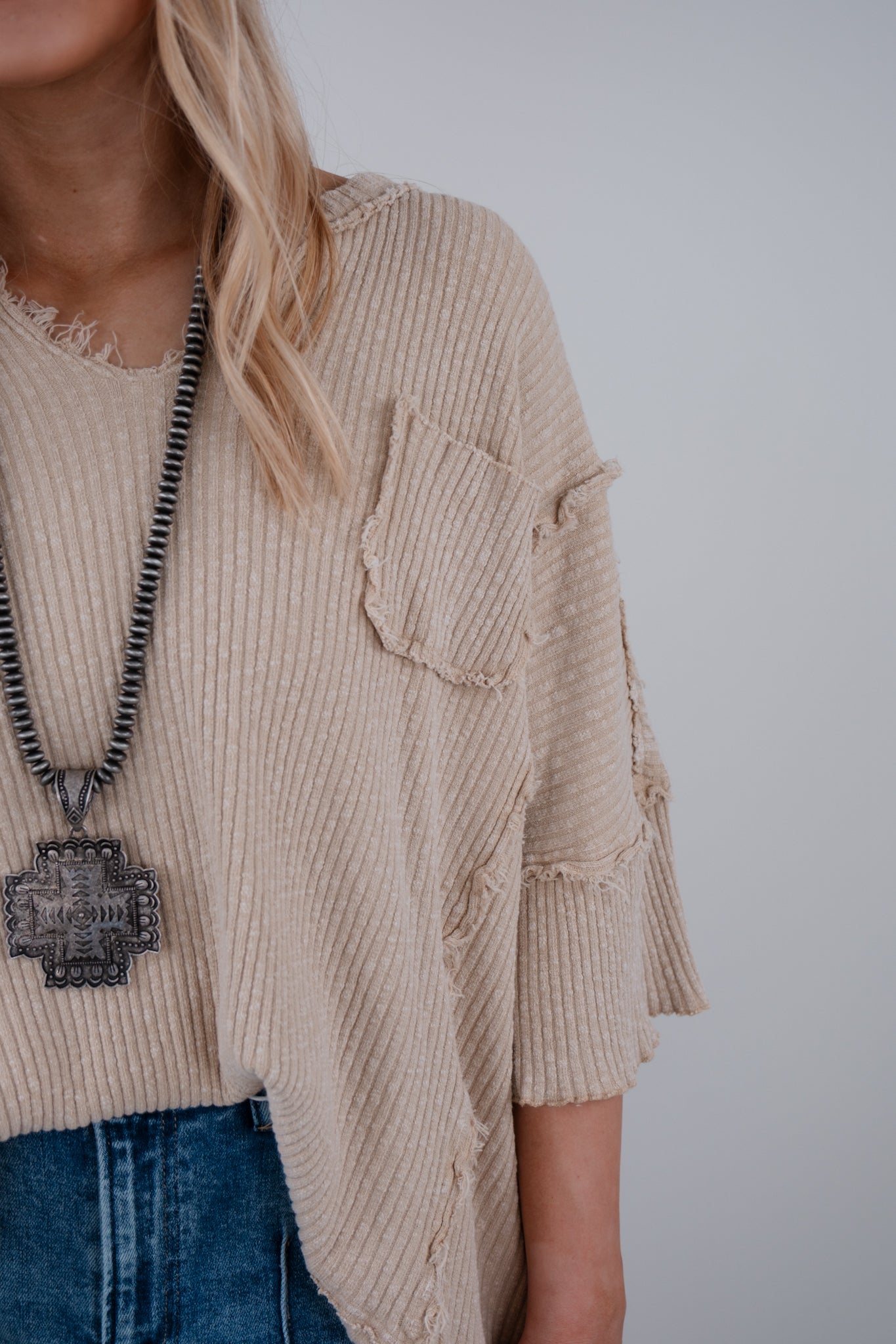 Ripped Stitch V-Neck Top - Cream