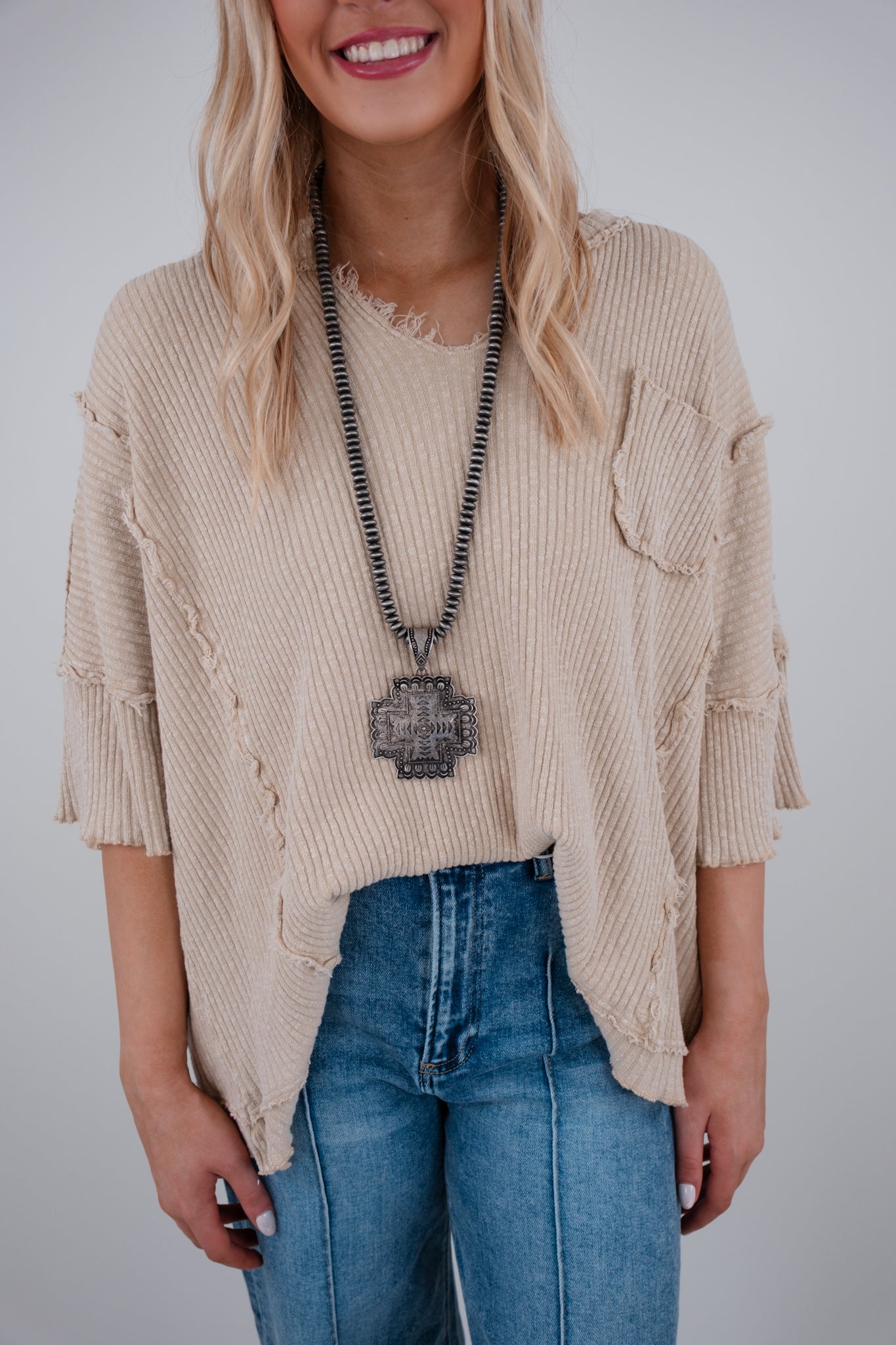 Ripped Stitch V-Neck Top - Cream