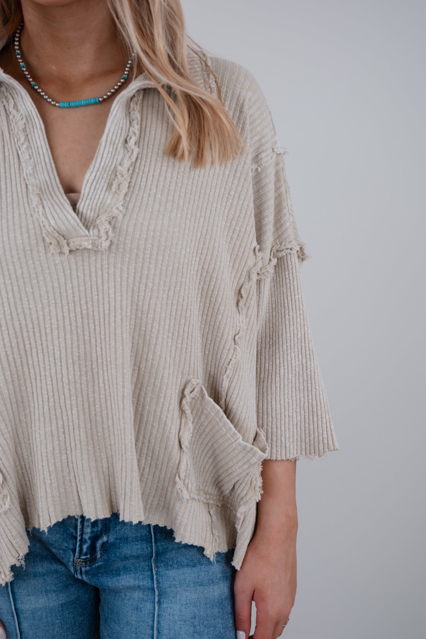 Saddle Stitch Ripped Top - Khaki