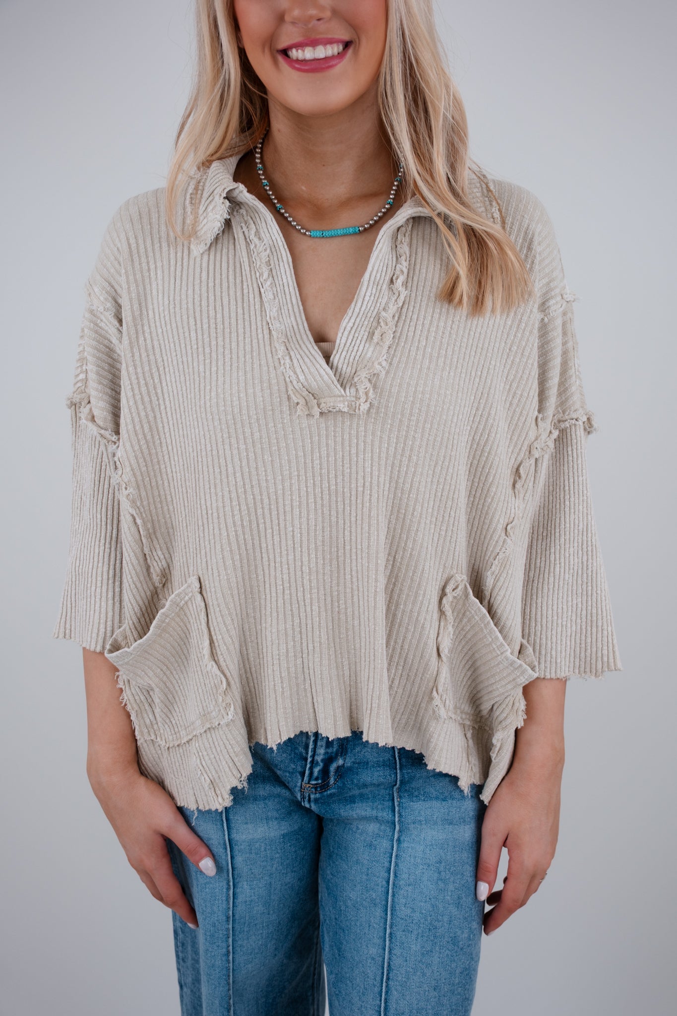 Saddle Stitch Ripped Top - Khaki