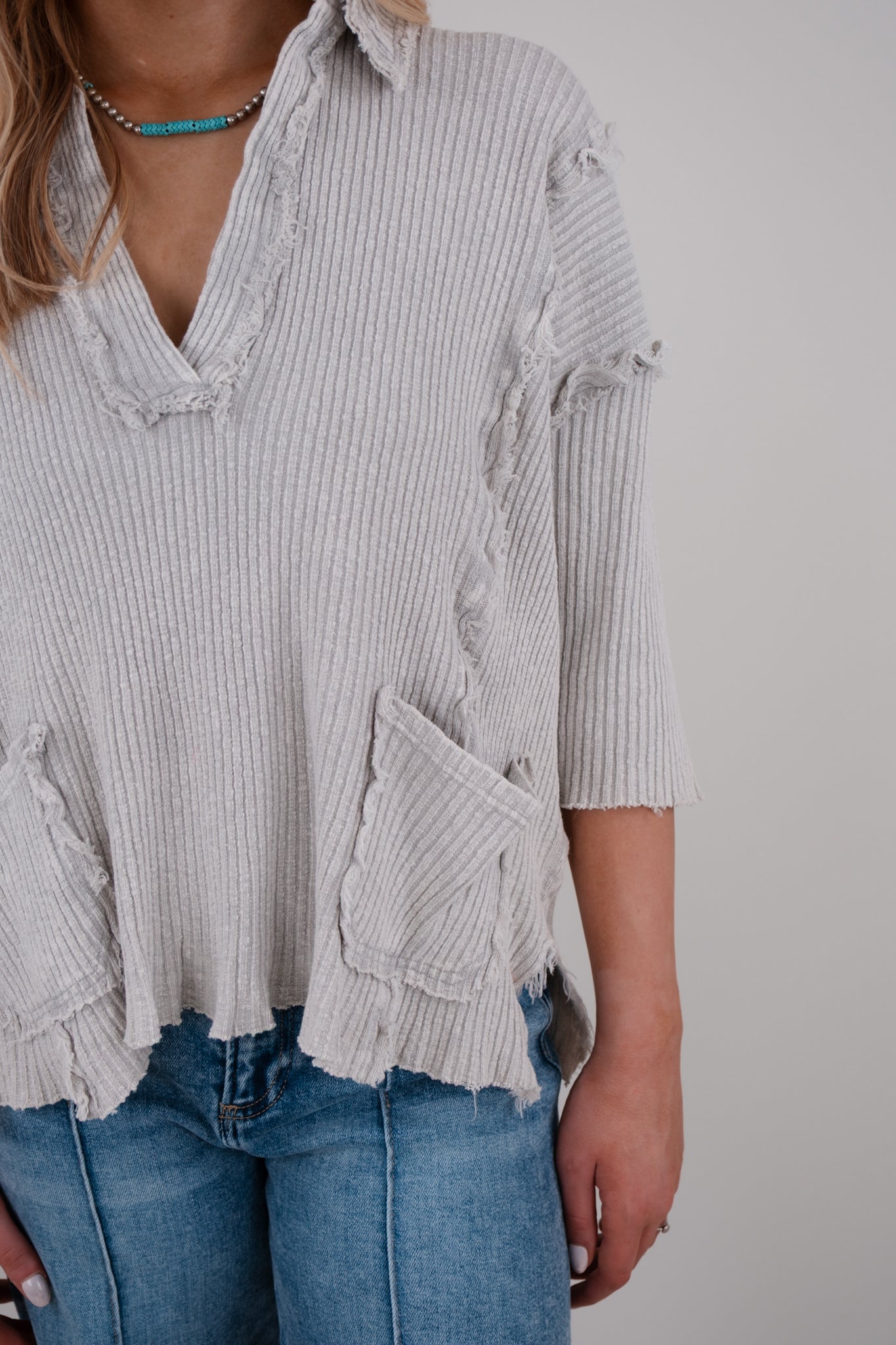 Saddle Stitch Ripped Top - Gray