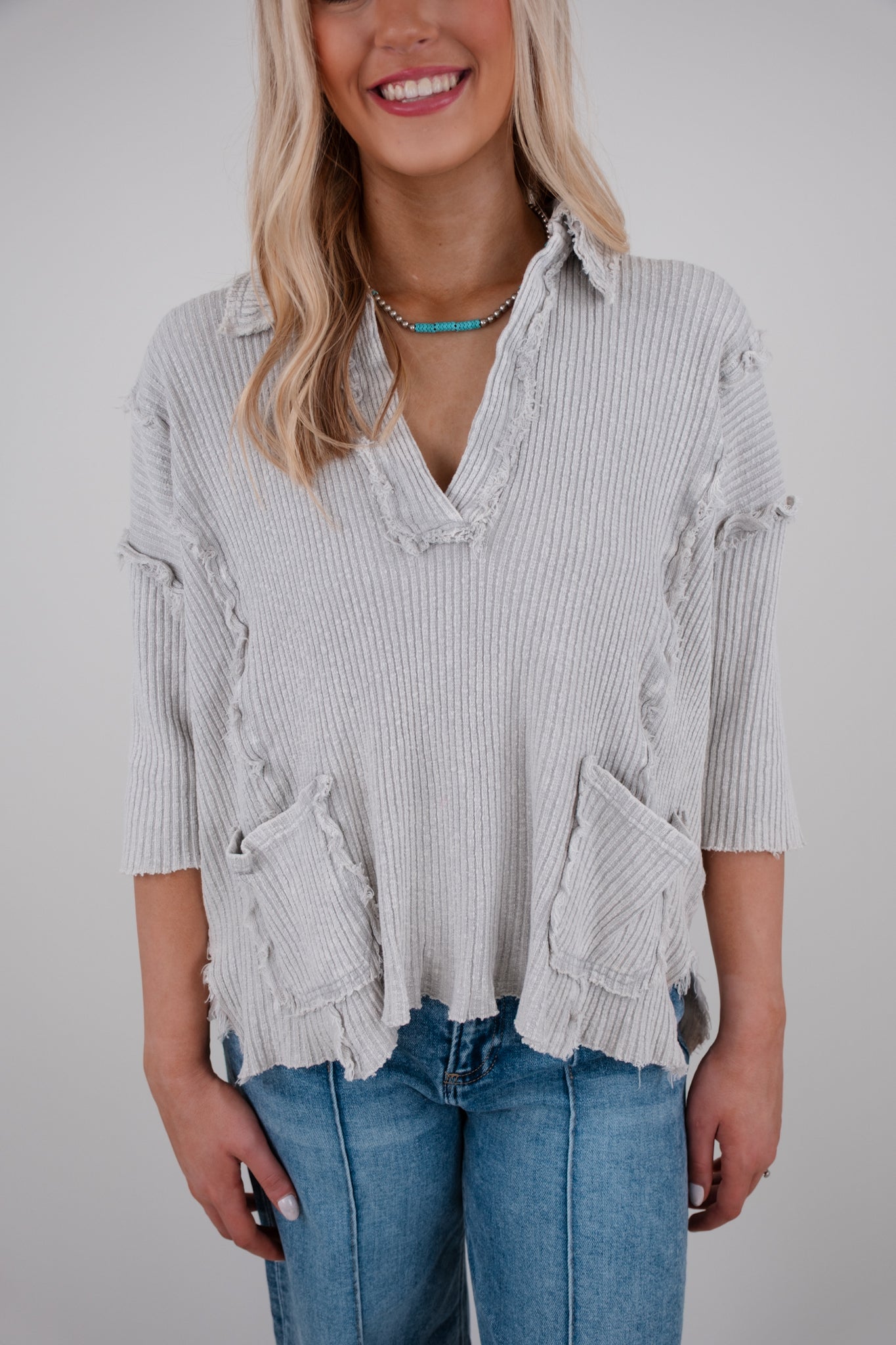 Saddle Stitch Ripped Top - Gray