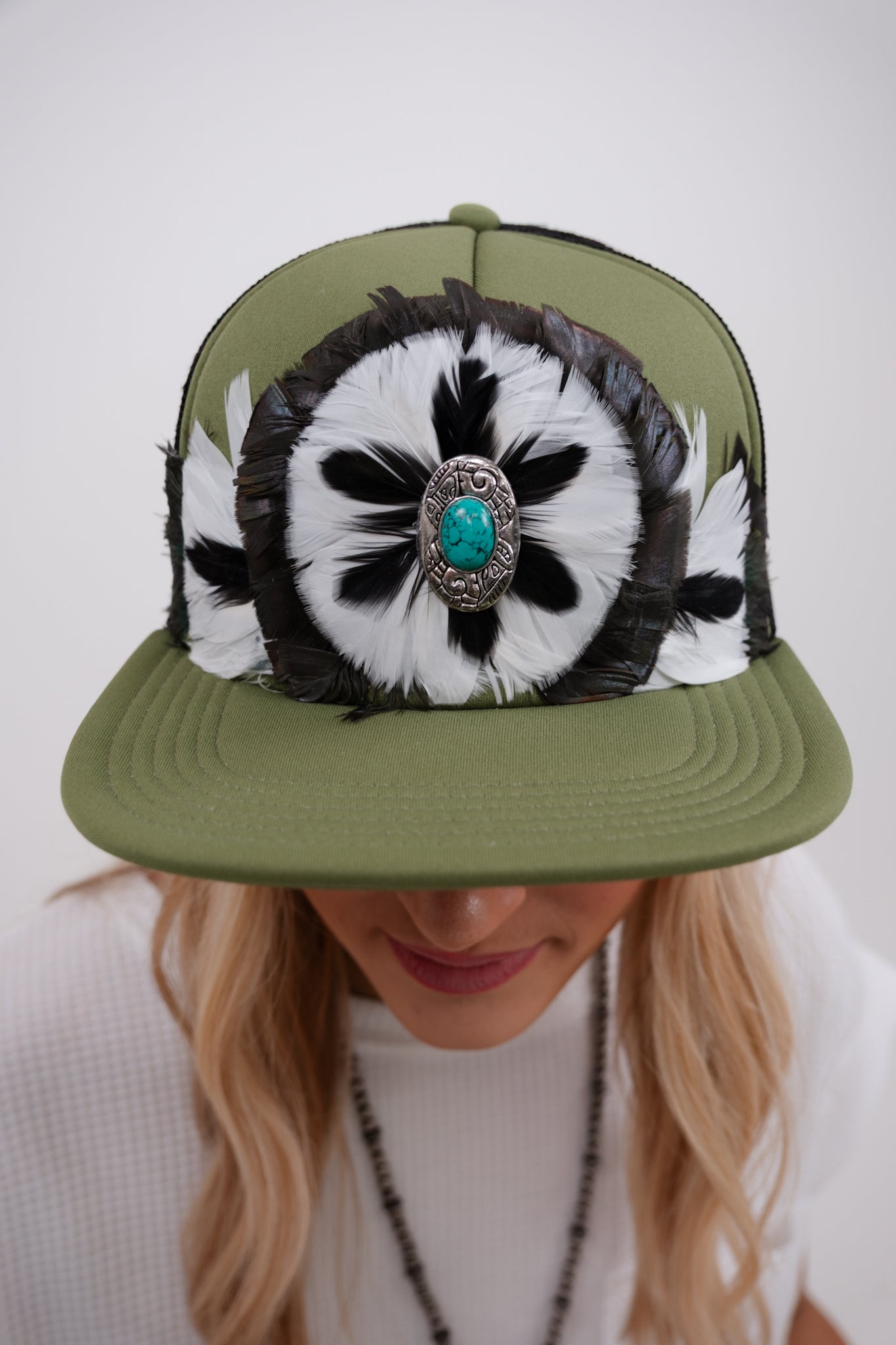 Feathered Frontier Trucker Hat - Olive