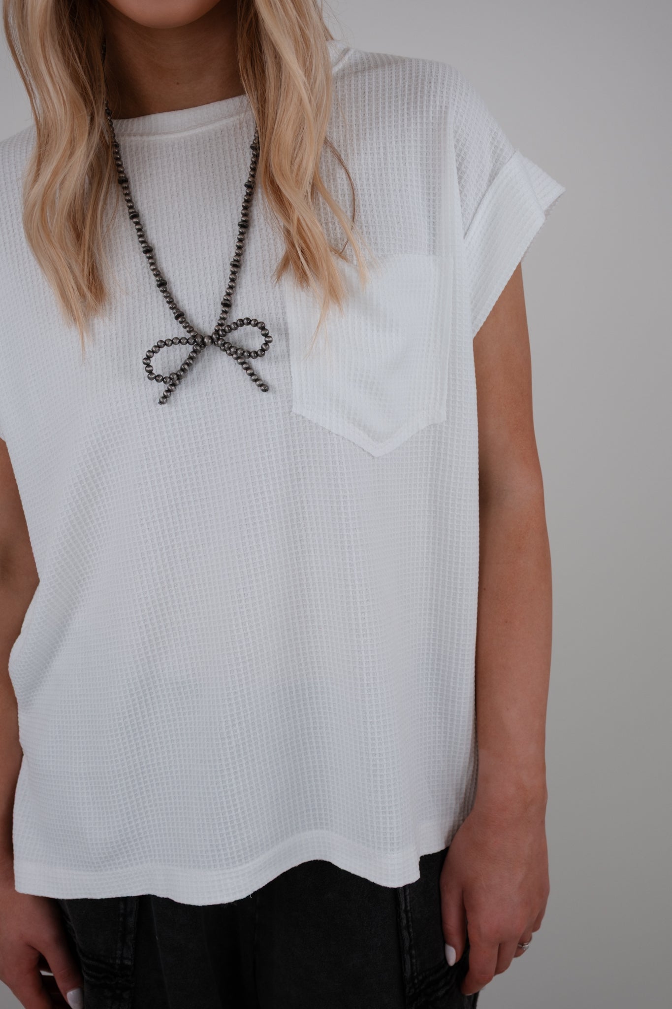 Everyday Waffle Knit Pocket Tee –White