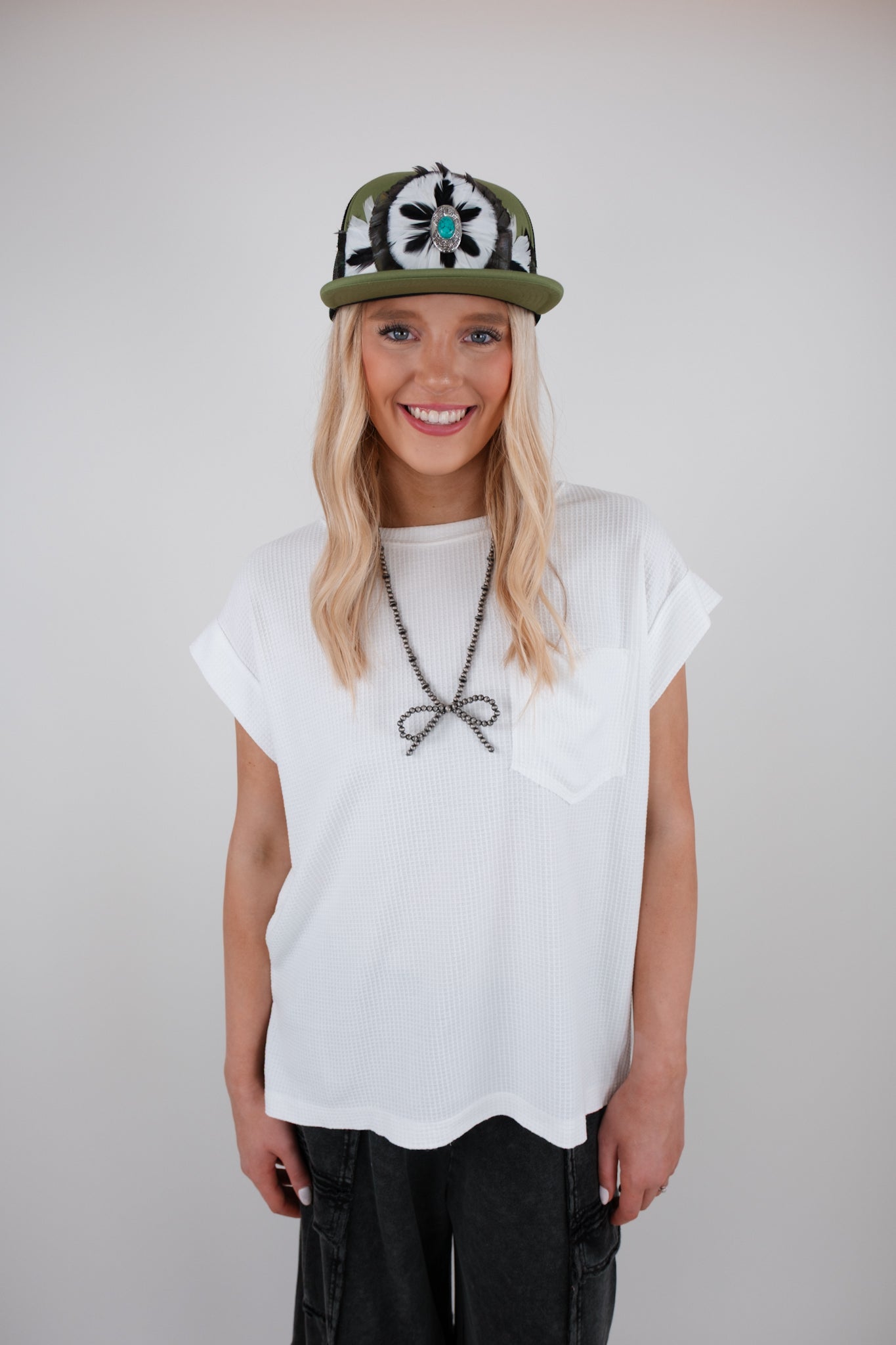 Everyday Waffle Knit Pocket Tee –White