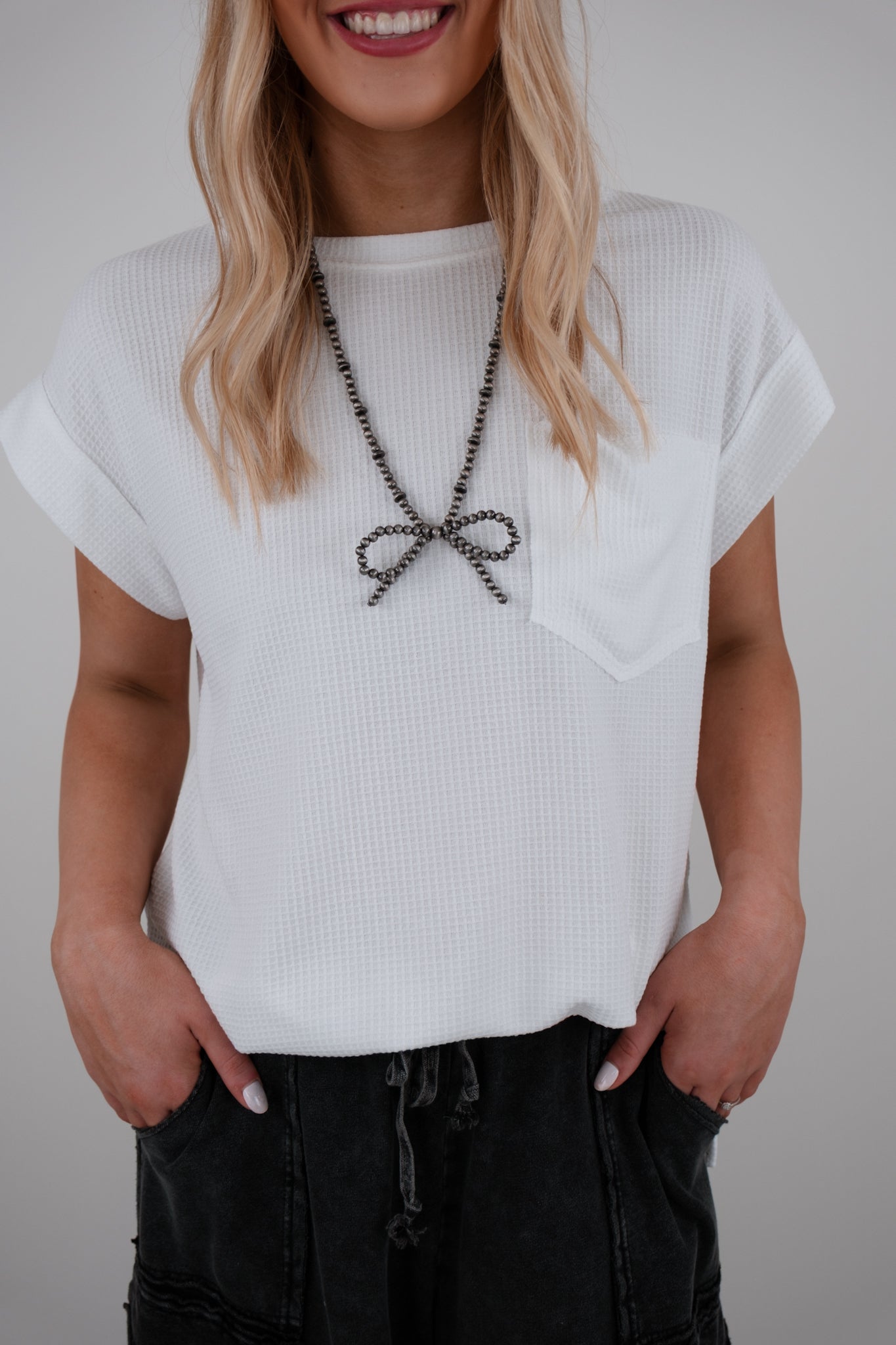 Everyday Waffle Knit Pocket Tee –White