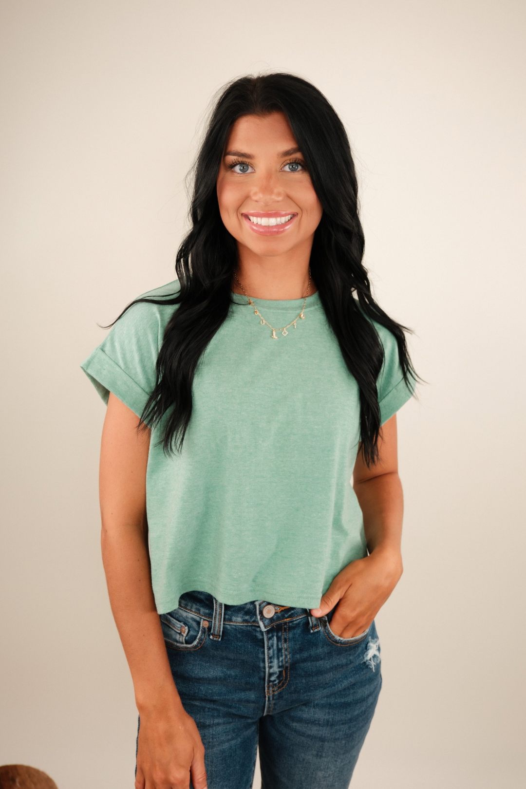 Simply Cropped Basic Tee – Heather Green