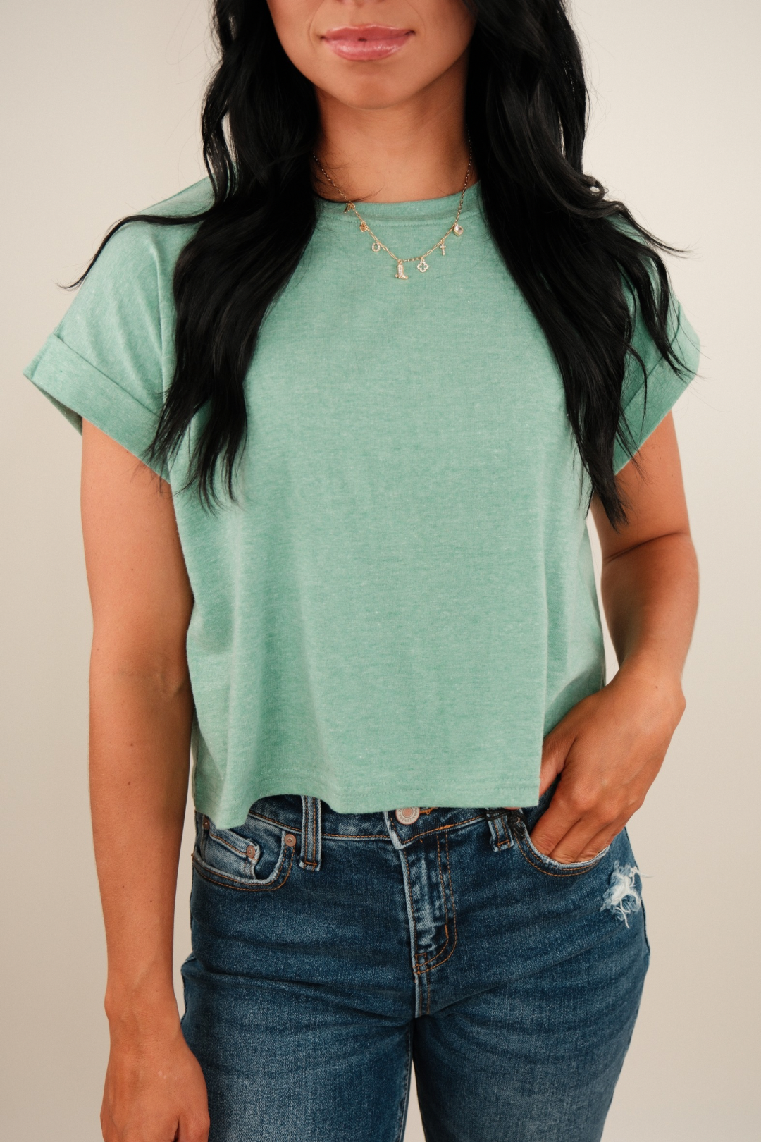 Simply Cropped Basic Tee – Heather Green