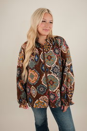 Western Mandala Ruffle Collar Blouse