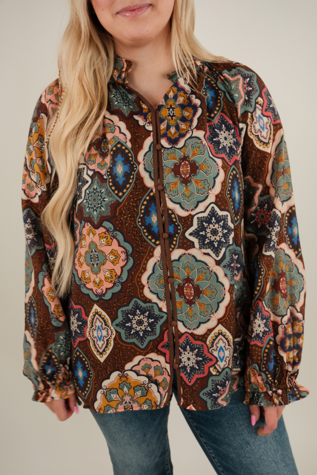 Western Mandala Ruffle Collar Blouse