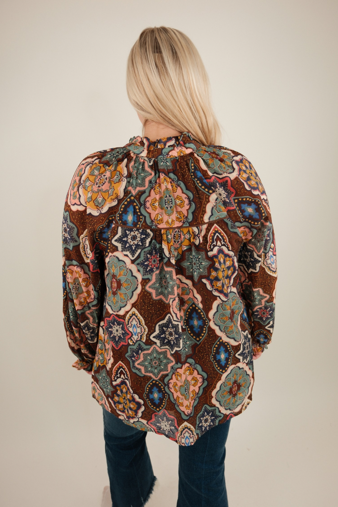 Western Mandala Ruffle Collar Blouse