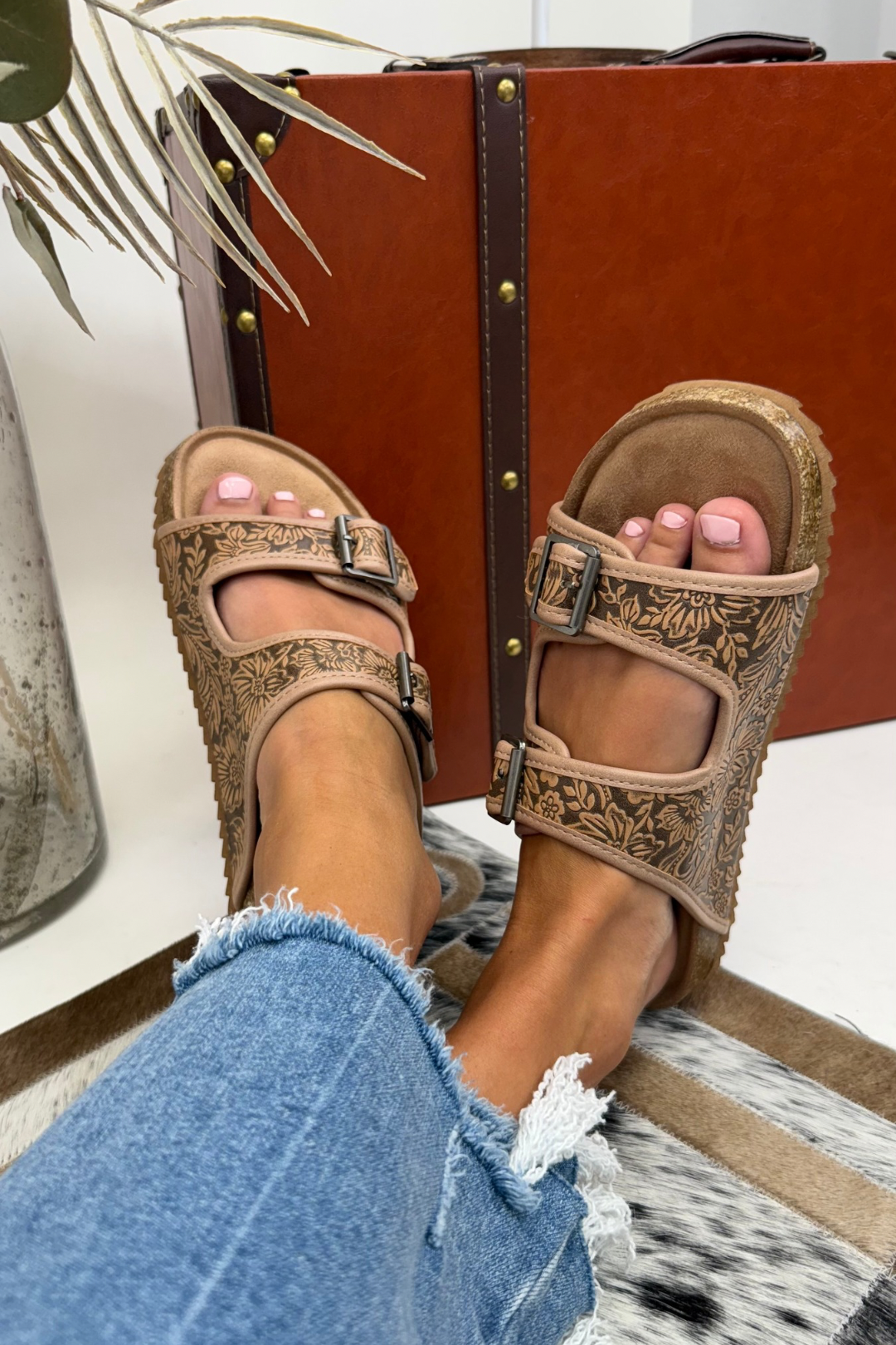 Western-Tooled Double Strap Sandals