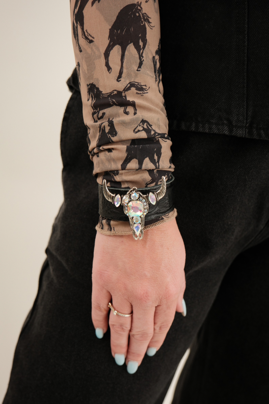 Rhinestone Longhorn Leather Cuff