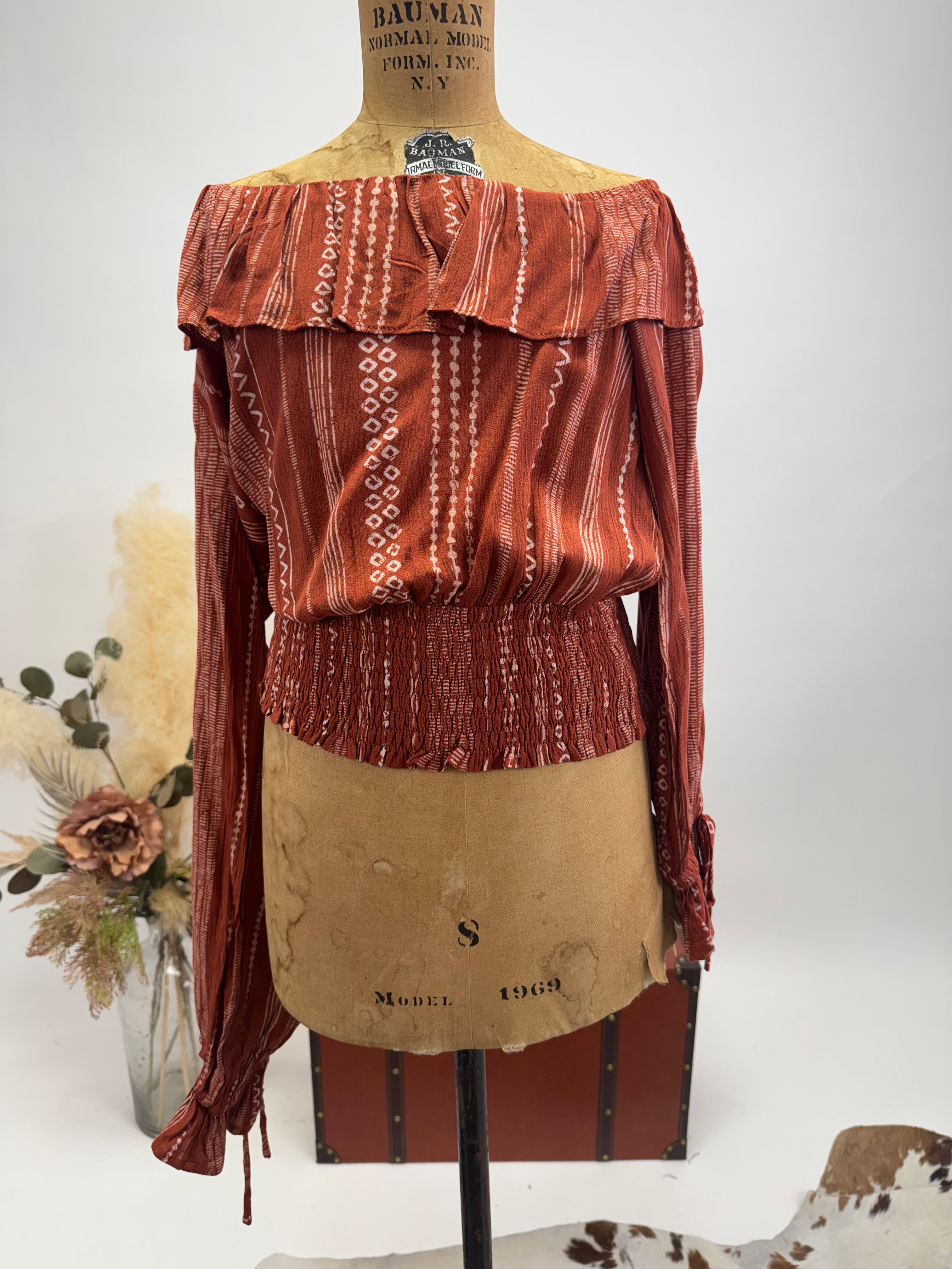 Rust Ruffle Off-Shoulder Blouse