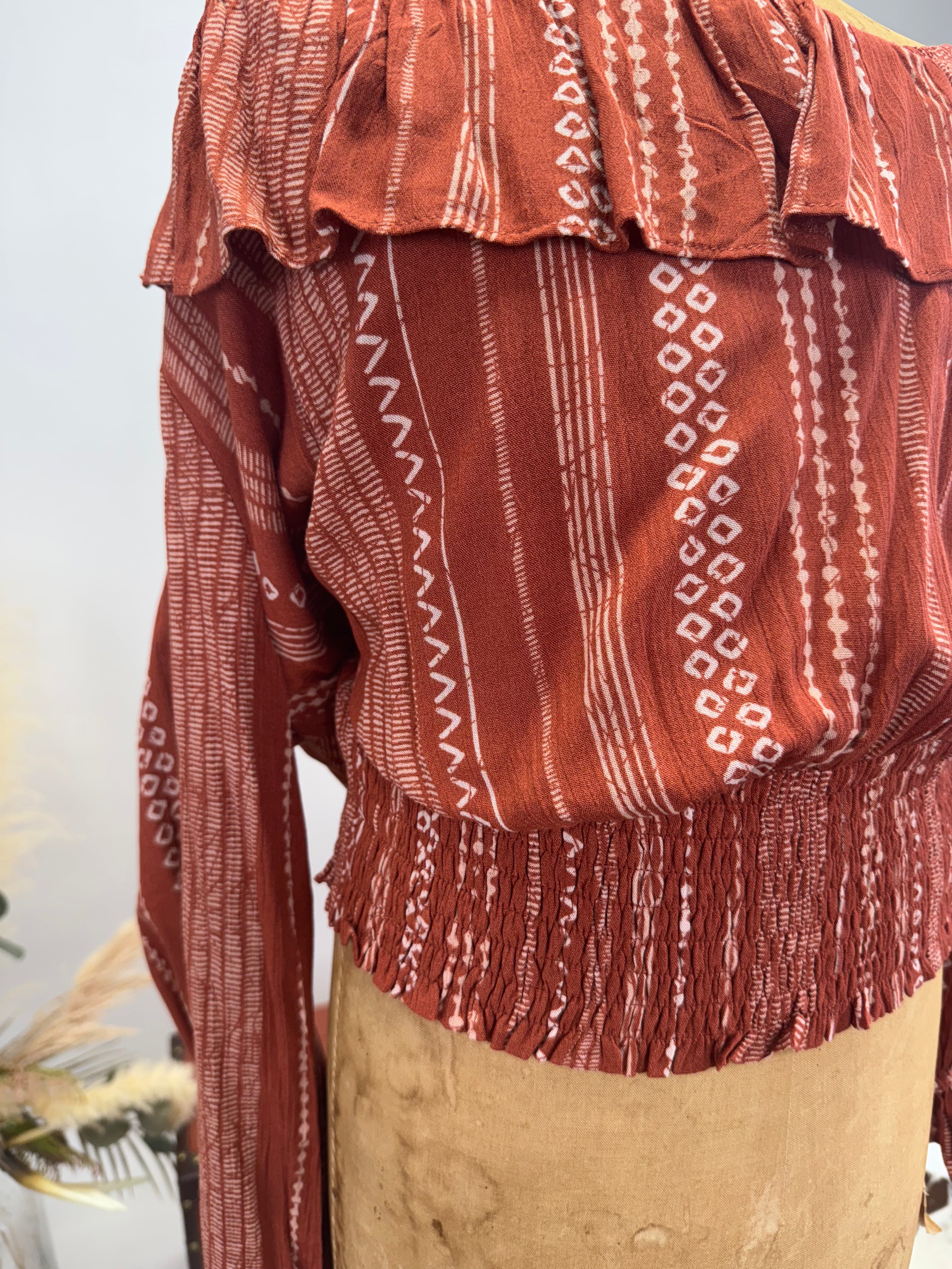 Rust Ruffle Off-Shoulder Blouse