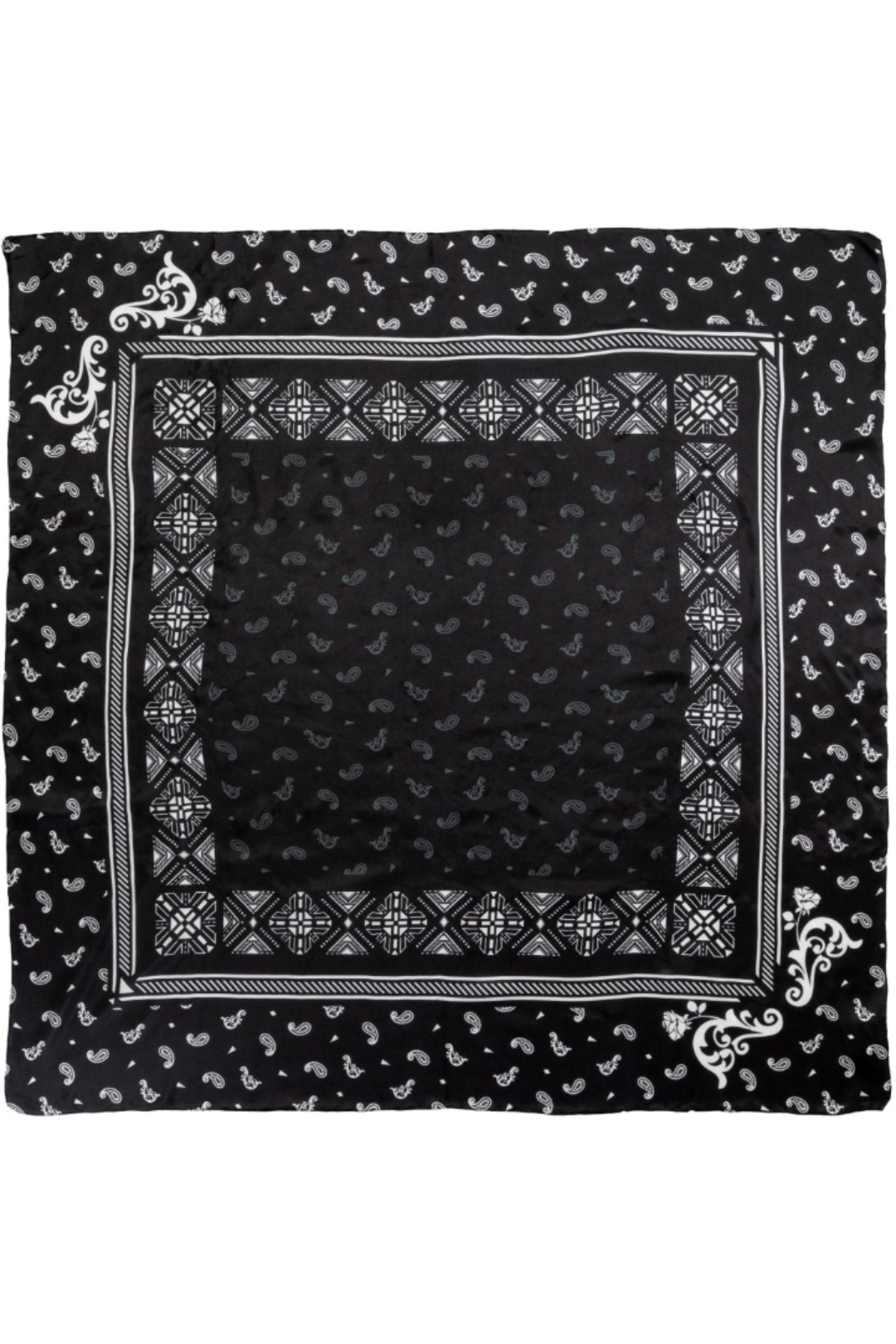 Black bandana with white patterns on a white background