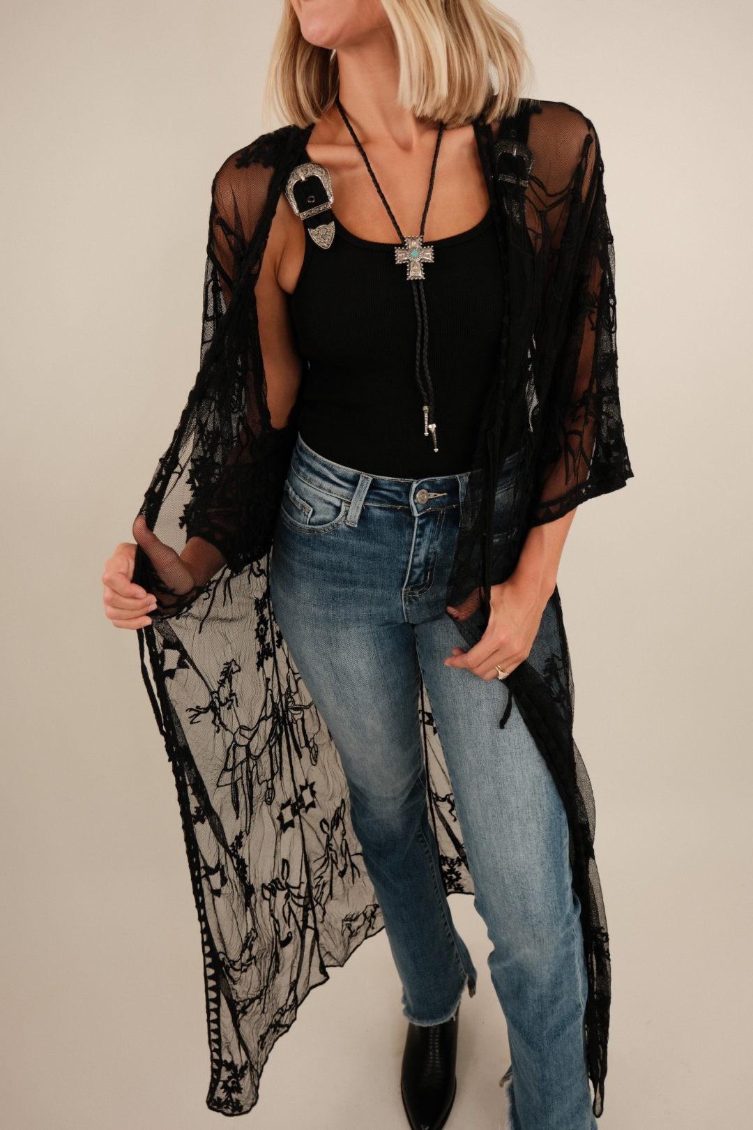Midnight Range Mesh Duster, lightweight black mesh with flowing maxi silhouette and embroidered western designs.