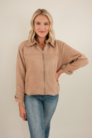 Mocha Mirage suede jacket in rich taupe tones with western yoke stitching and soft suede texture.