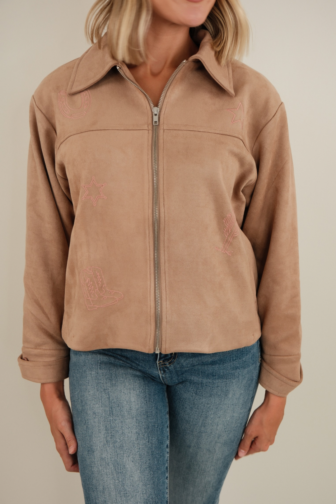 Front view of Mocha Mirage suede jacket featuring tailored western design, button front, and smooth suede finish.