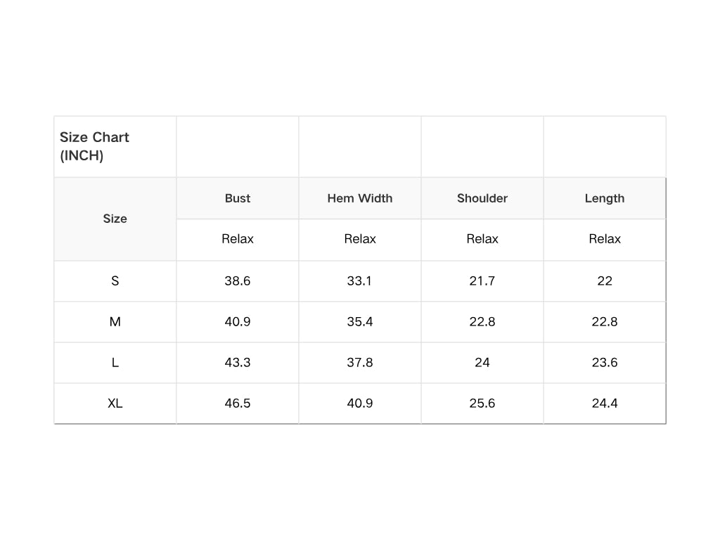 Size chart for clothing measurements in inches on a white background
