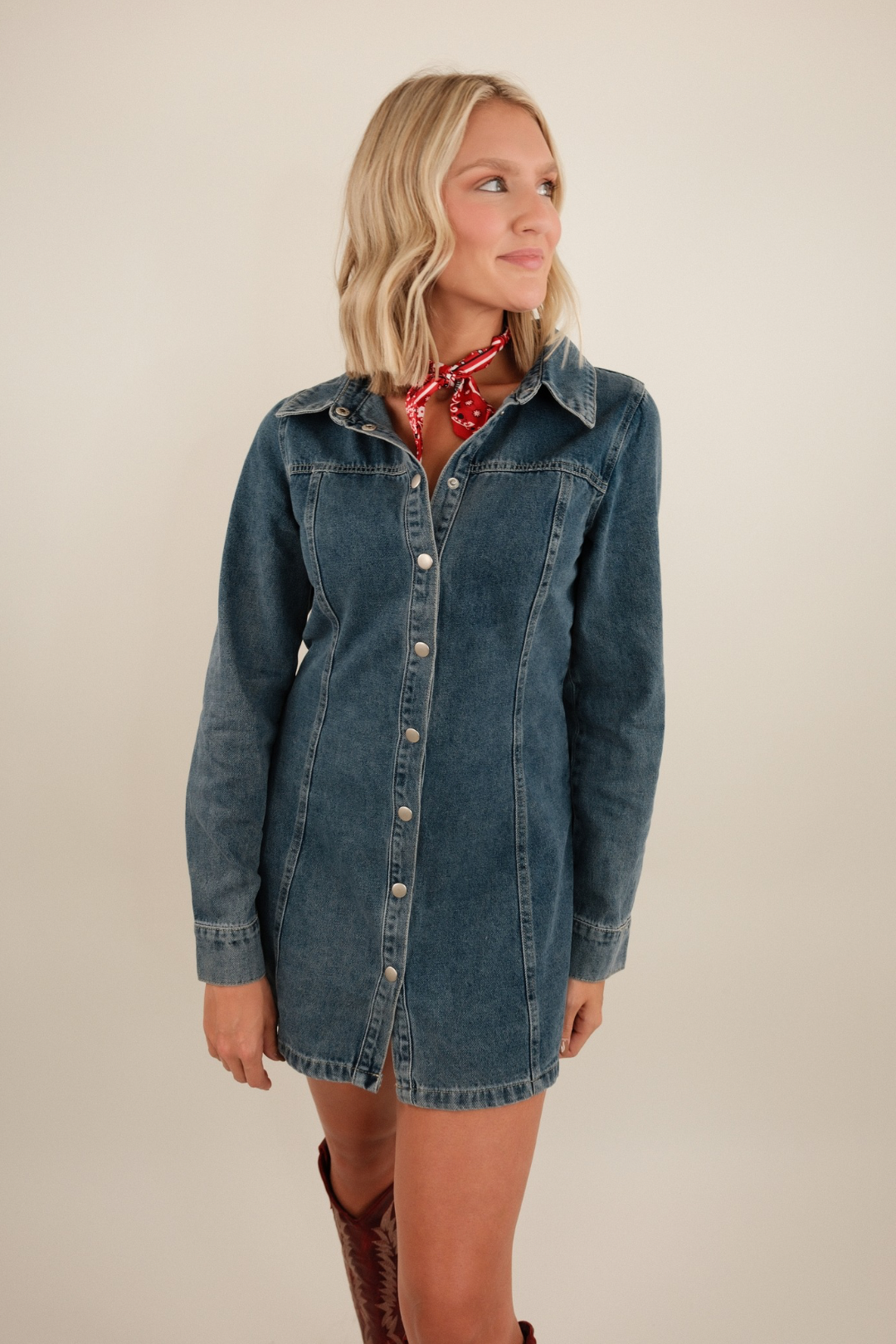 Front view of Rodeo Darling Denim Dress, women’s western denim dress with A-line cut and relaxed cowgirl silhouette.