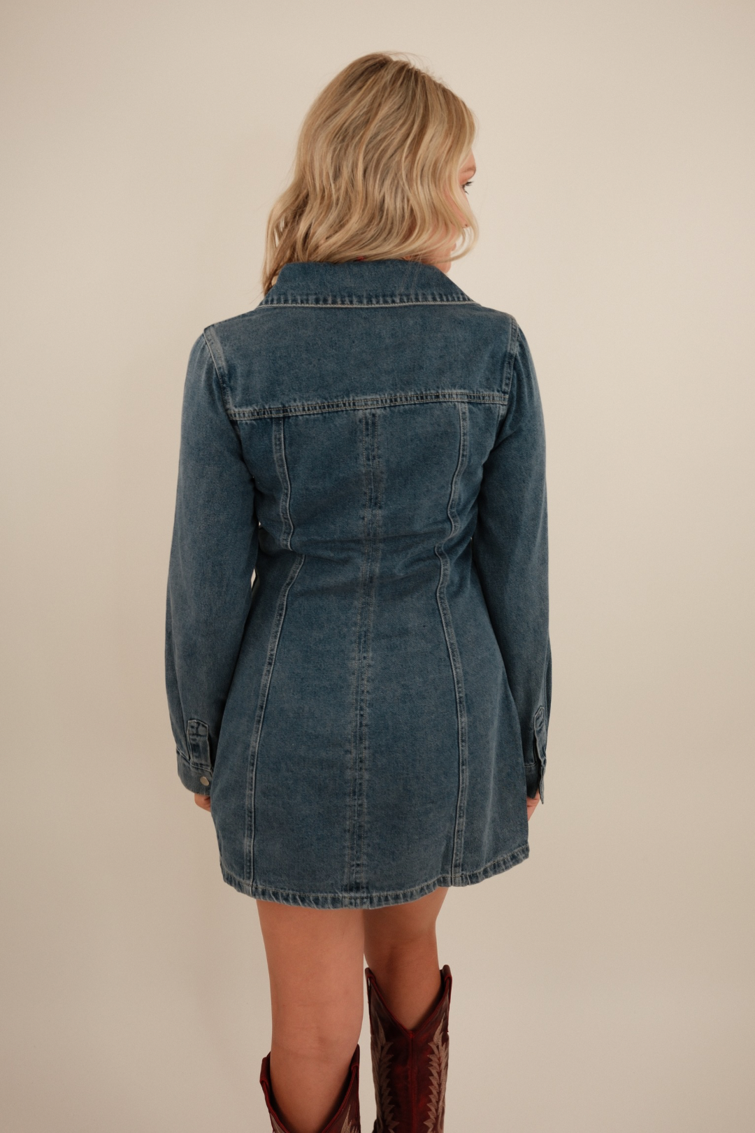 Back view of women’s Rodeo Darling Denim Dress in light-wash denim with yoke seam and western-inspired fit.