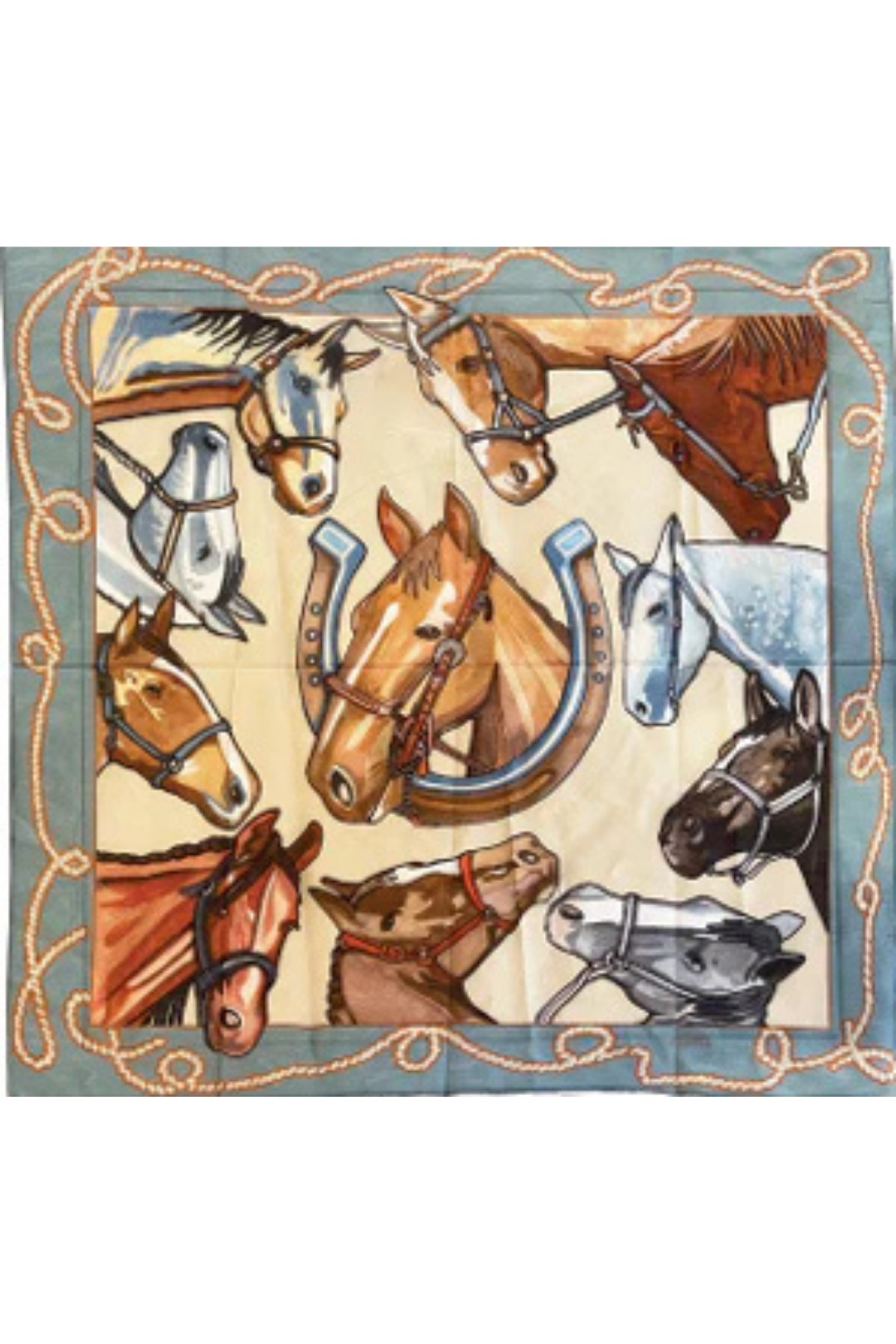 Decorative scarf with horse designs and a decorative border on a white background