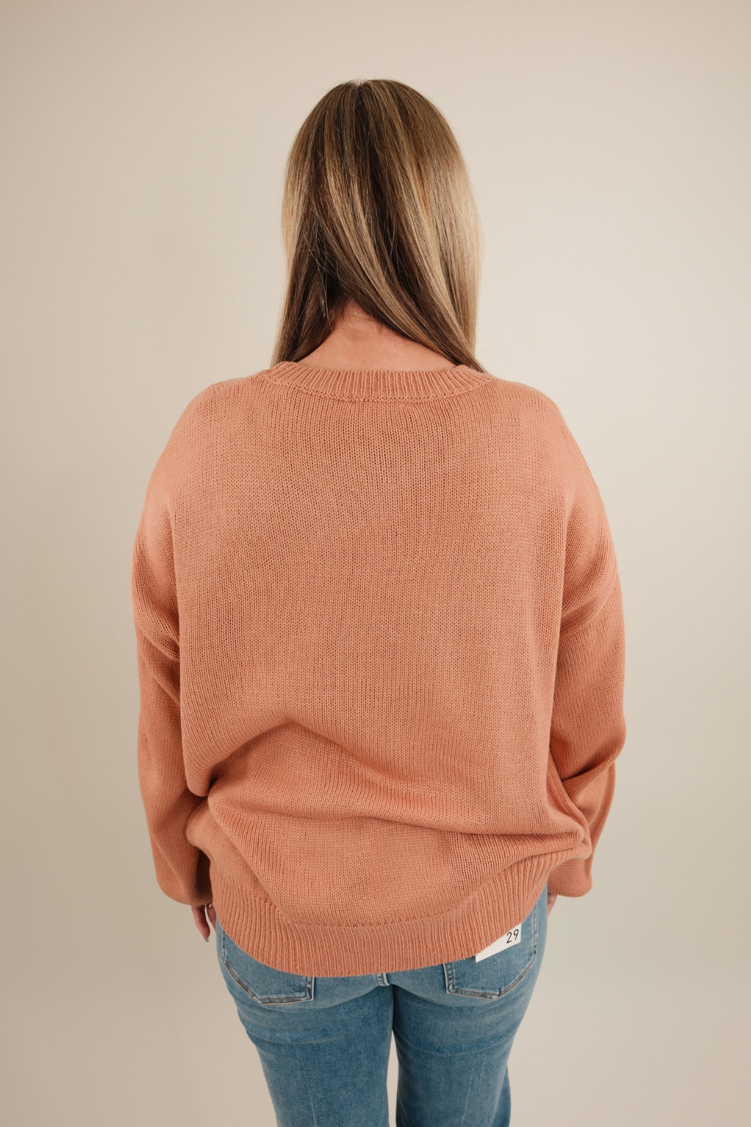 Back view of Rope & Howdy Sweater, women’s clay knit cowgirl pullover with relaxed easy-to-layer western fit.