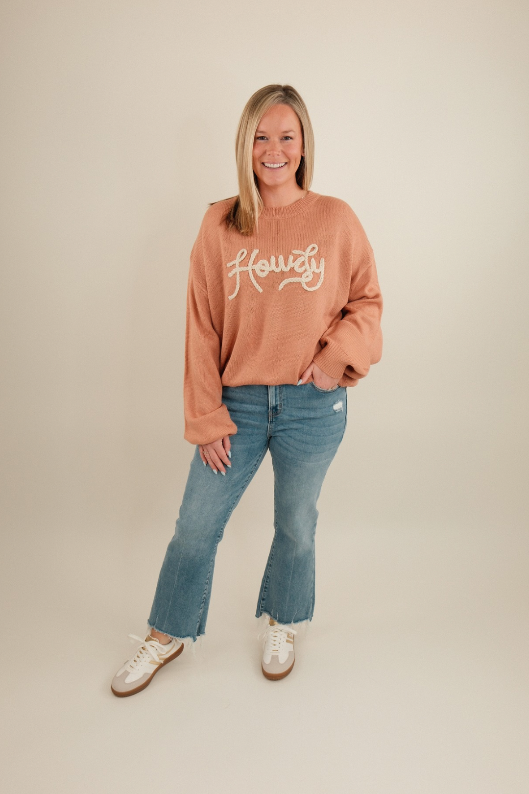 Women’s Rope & Howdy Sweater, clay lightweight knit western pullover with rope-letter chest detail.