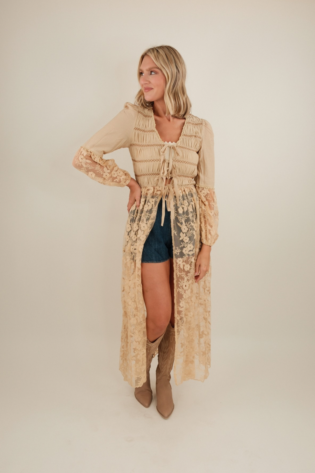 Women’s Saddlewood Lace Duster, western maxi duster with tan cotton bodice, tie-front closures, lace ruffles and sheer floral lace skirt.