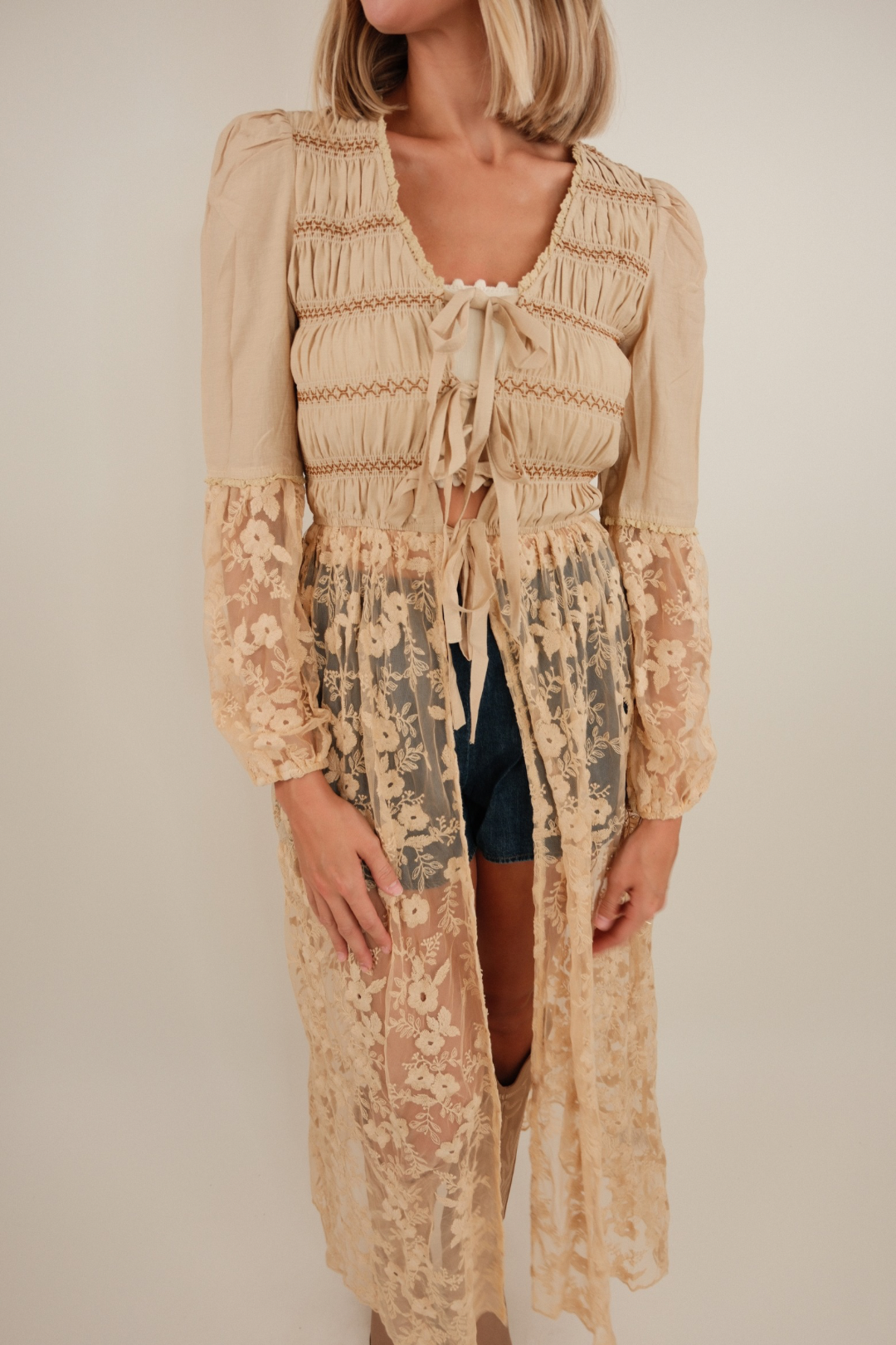 Saddlewood Lace Duster, rustic cowgirl lace duster with tan cotton top, brown stitching and flowing sheer lace bottom.