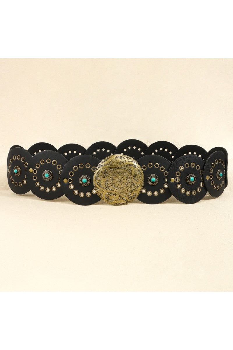 Decorative belt with black leather and gold metal and turquoise stone accents on a beige background