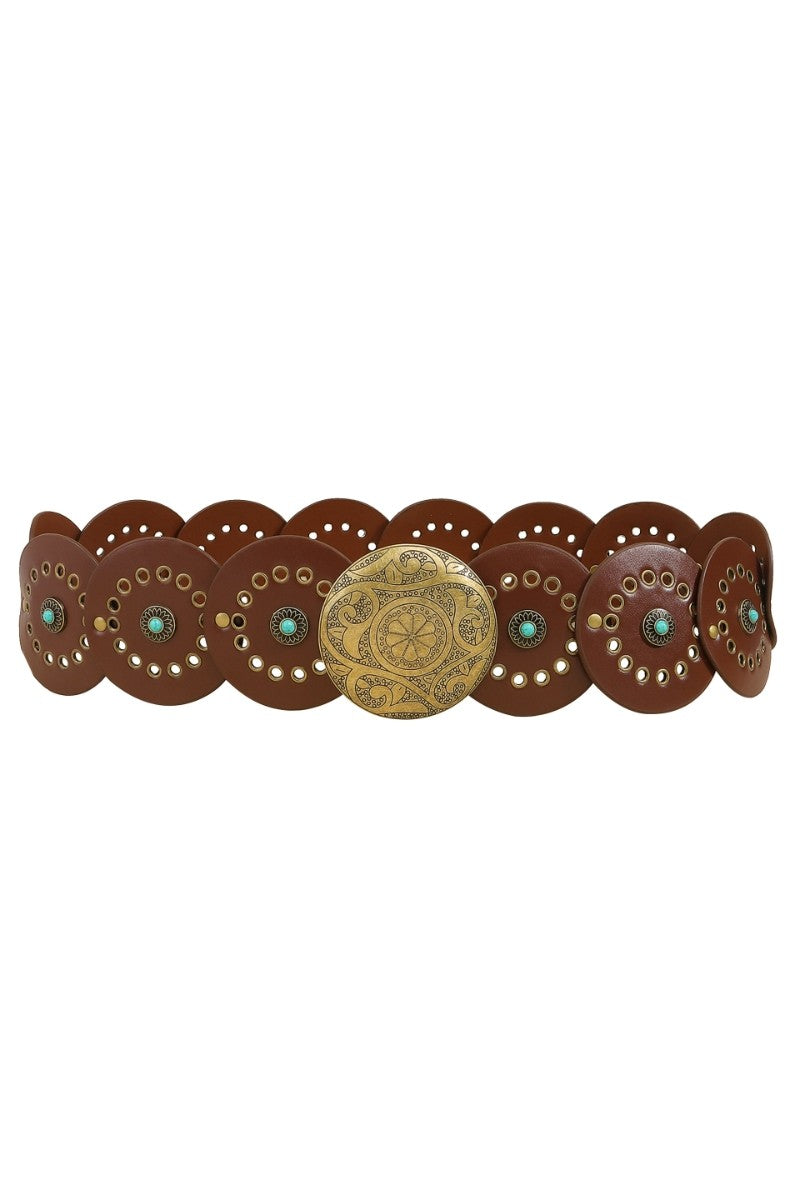 Brown leather belt with decorative gold metal and turquoise stones on a white background
