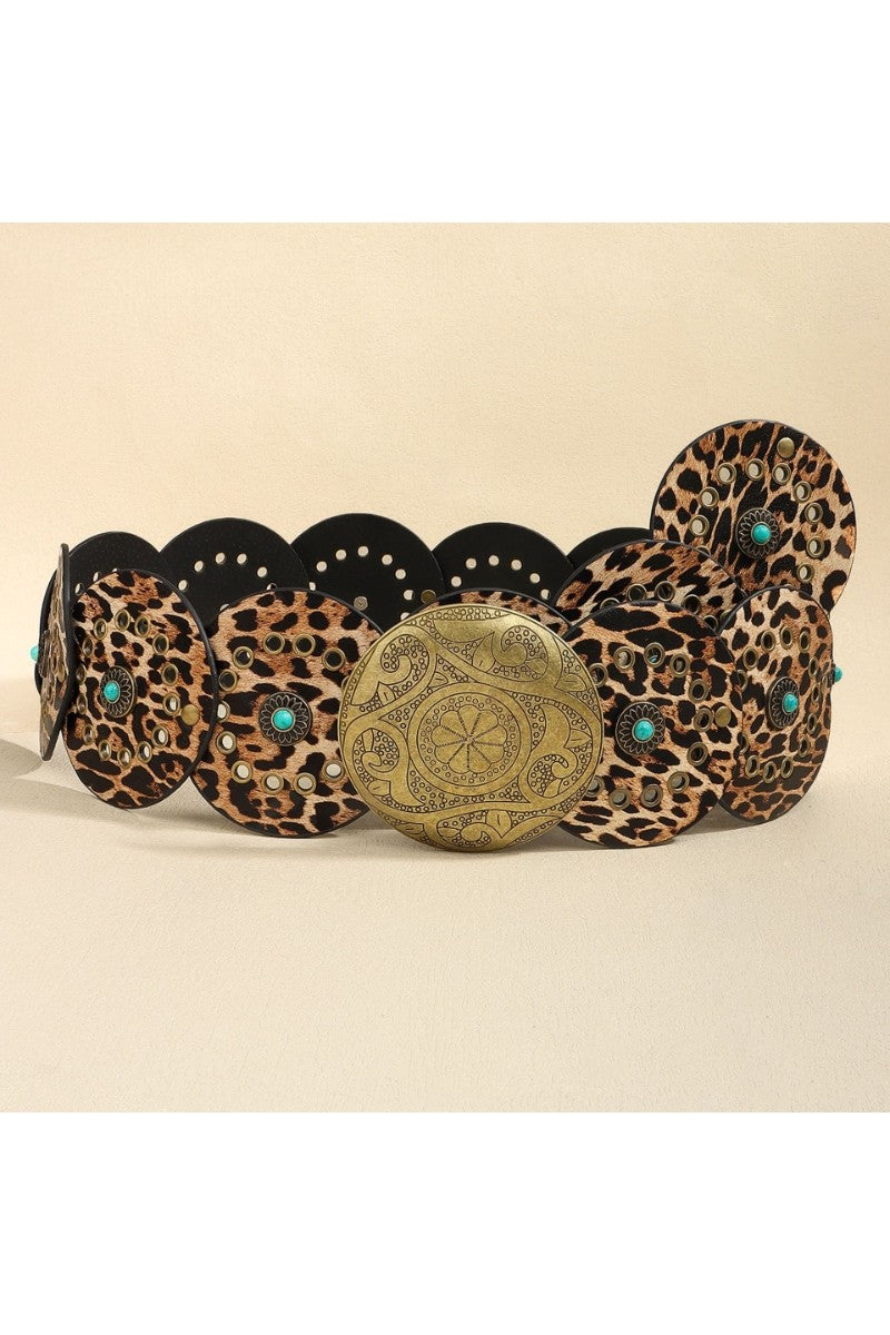 Leopard print belt with a decorative gold buckle on a beige background